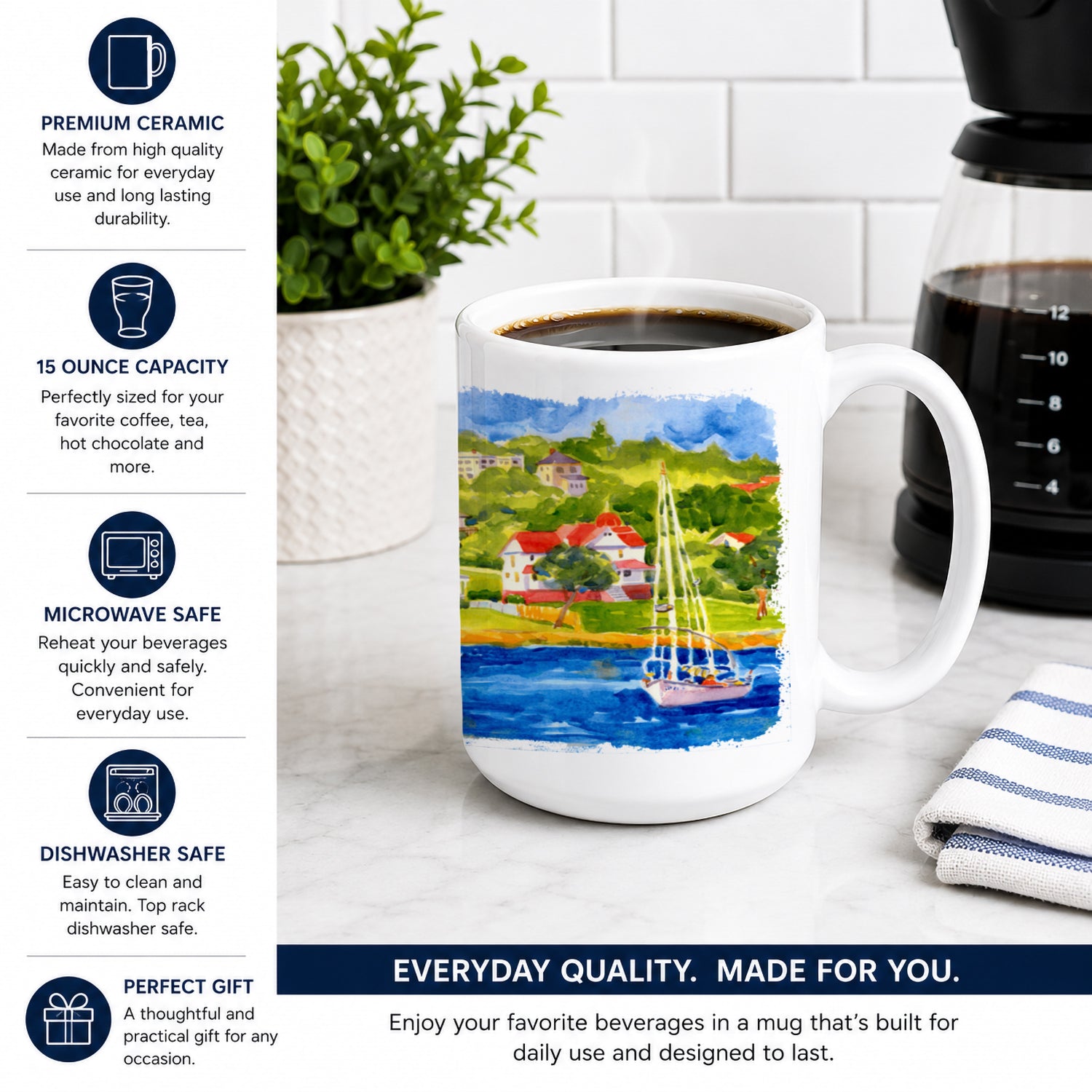 Harbour Scene with Sailboat Ceramic Coffee Mug 15 oz Decorative Large C Handle Mug Cup for Tea, Cocoa Hot Chocolate