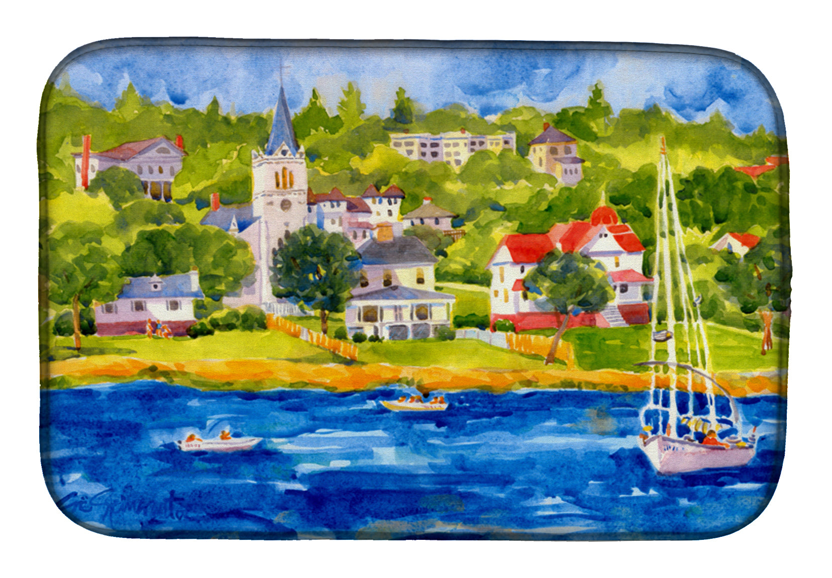 Harbour Scene with Sailboat Dish Drying Mat Absorbent Dish Drying Mat Pad for Kitchen Counter Dish Drainer Mat for Countertop, 14 x 21", Multicolor