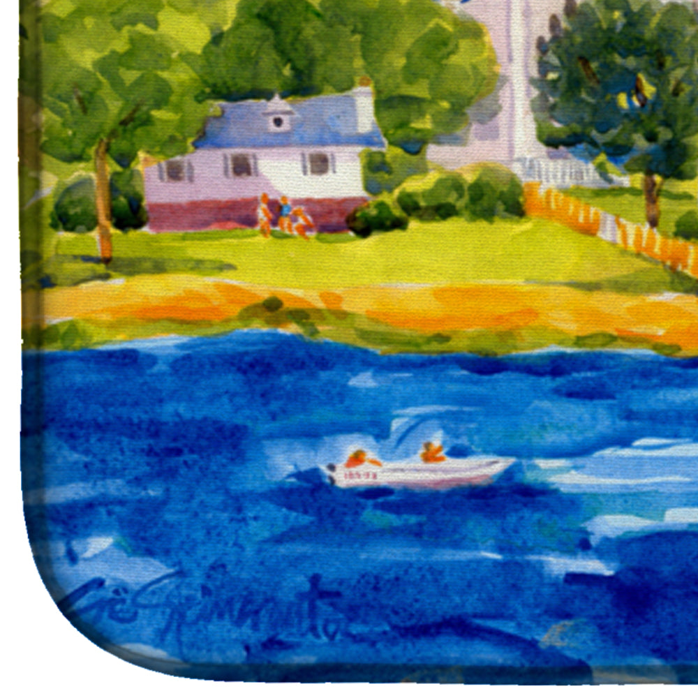 Harbour Scene with Sailboat Dish Drying Mat Absorbent Dish Drying Mat Pad for Kitchen Counter Dish Drainer Mat for Countertop, 14 x 21", Multicolor
