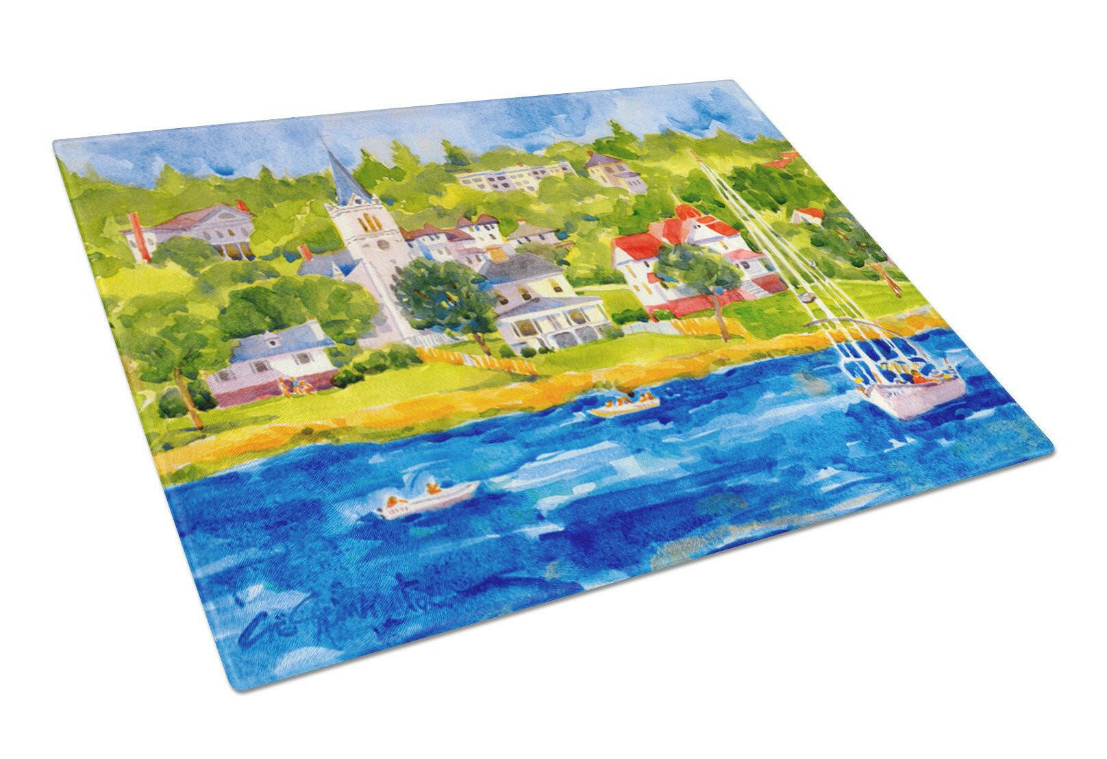 Harbour Scene with Sailboat Cutting Board Tempered Glass Kitchen Cutting Surface, Heat Resistant Chopping, Non-Slip Feet, Food Prep & Serving