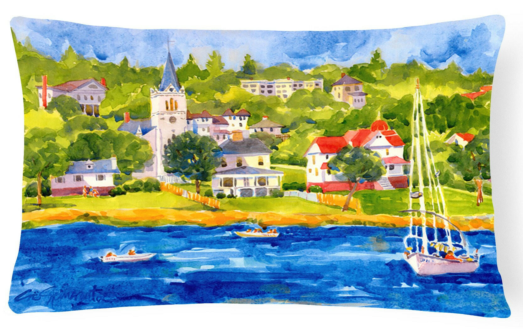 Harbour Scene with Sailboat Decorative Throw Pillow 12x16 Indoor Outdoor Accent Cushion, Fabric Cover with Insert for Sofa, Bed, Porch & Living Room