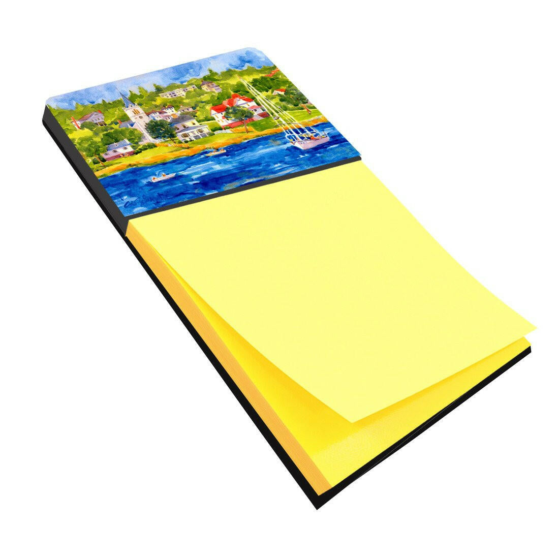 Harbour Scene with Sailboat Watercolor Sticky Note Holder Refillable Dispenser Desk Accessory 3x3 Pad Gift