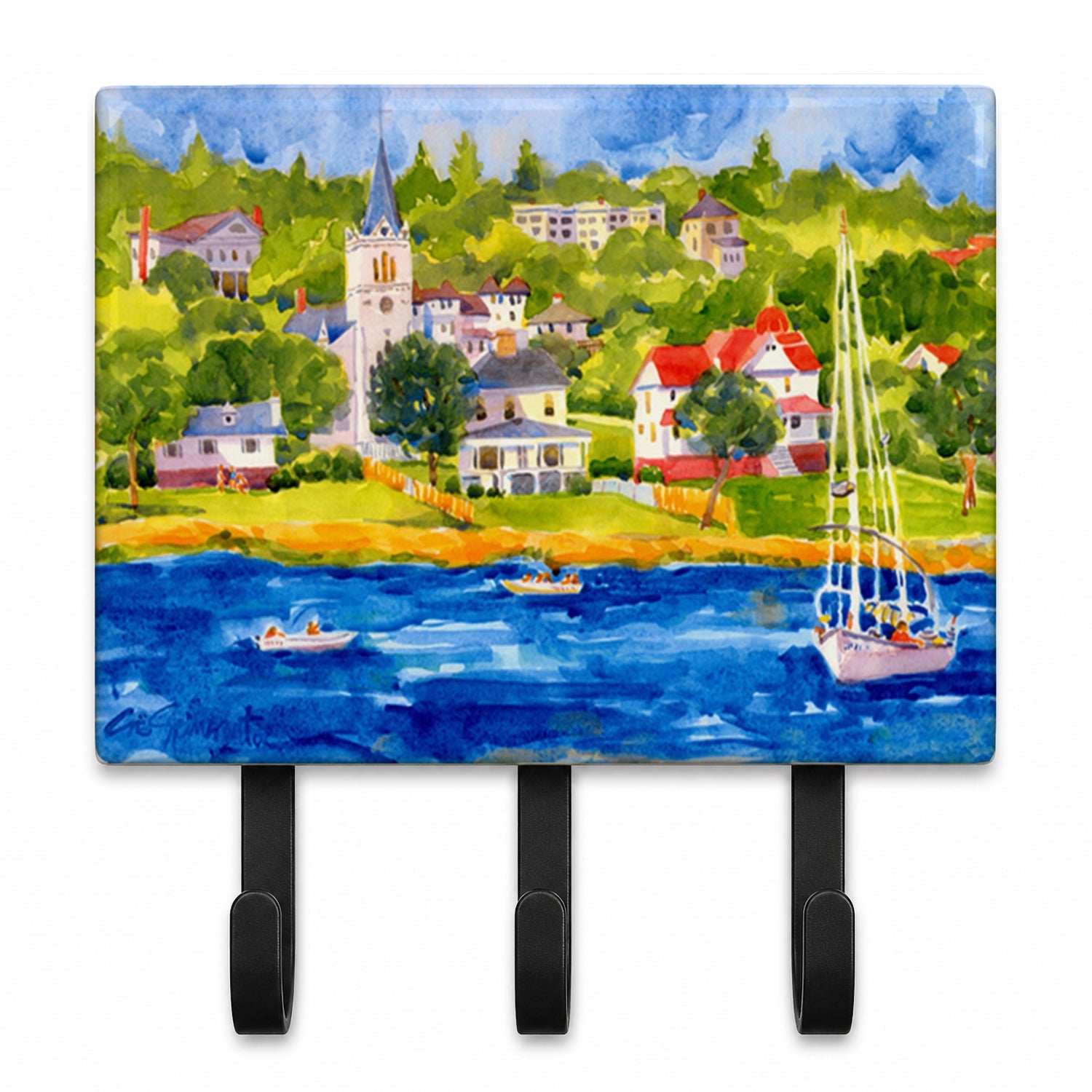Harbour Scene with Sailboat Leash or Key Holder Wall Hooks, Coat Rack Wall Mount, for Hanging Keys, Towels, Aprons, Leashes