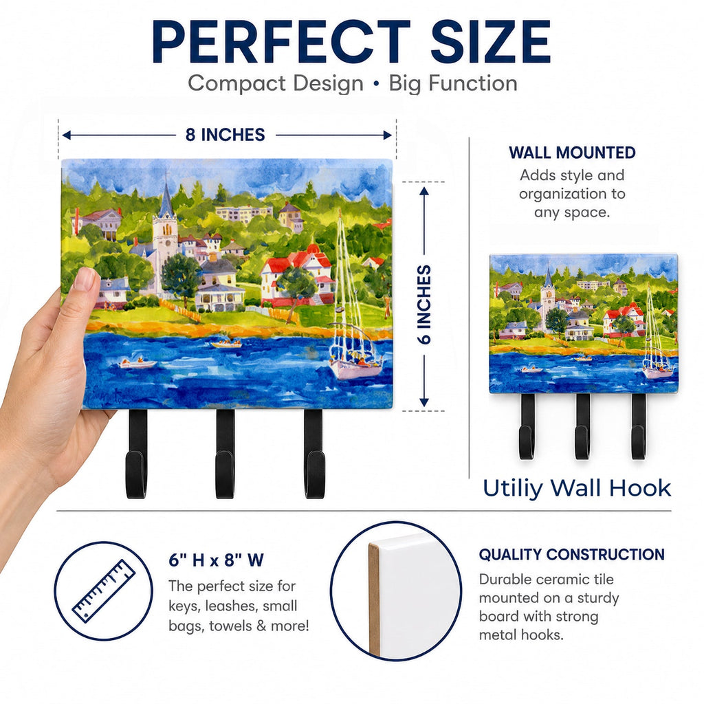 Harbour Scene with Sailboat Leash or Key Holder Wall Hooks, Coat Rack Wall Mount, for Hanging Keys, Towels, Aprons, Leashes
