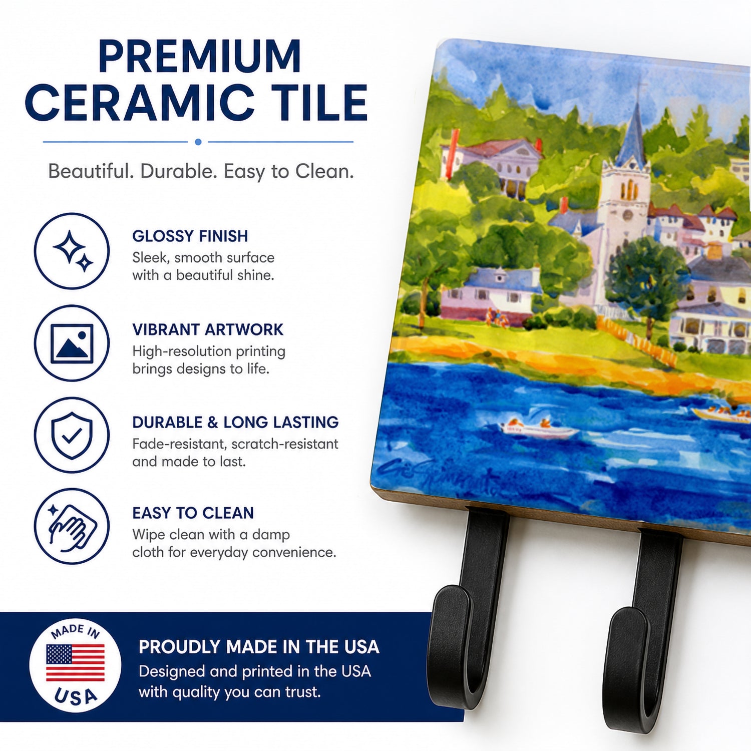 Harbour Scene with Sailboat Leash or Key Holder Wall Hooks, Coat Rack Wall Mount, for Hanging Keys, Towels, Aprons, Leashes