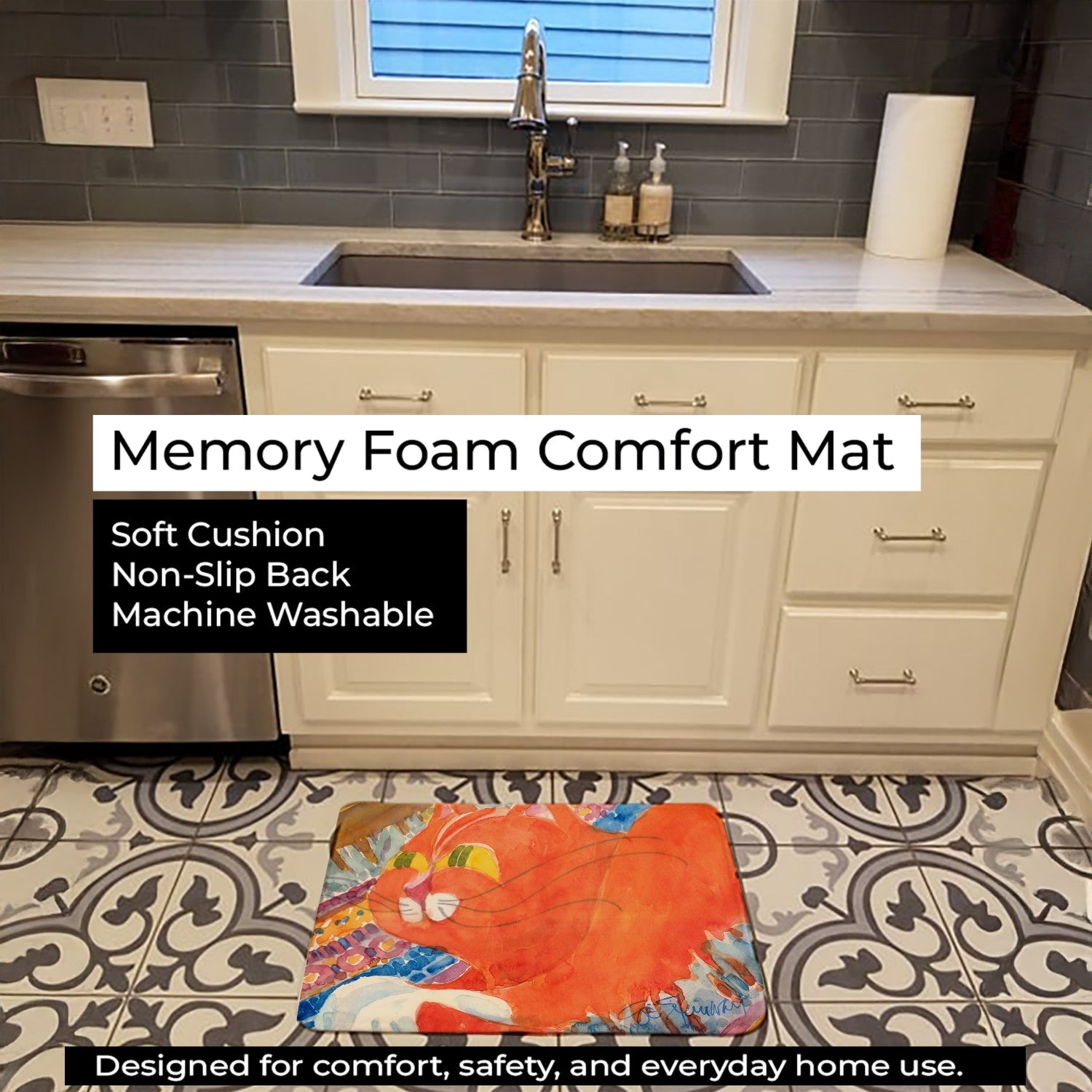 Cat Memory Foam Kitchen Mat Machine Washable Anti-Fatigue Cushion Comfort Bath or Kitchen Rug