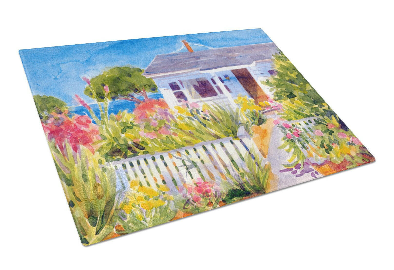 Seaside Beach Cottage Cutting Board Tempered Glass Kitchen Cutting Surface, Heat Resistant Chopping, Non-Slip Feet, Food Prep & Serving