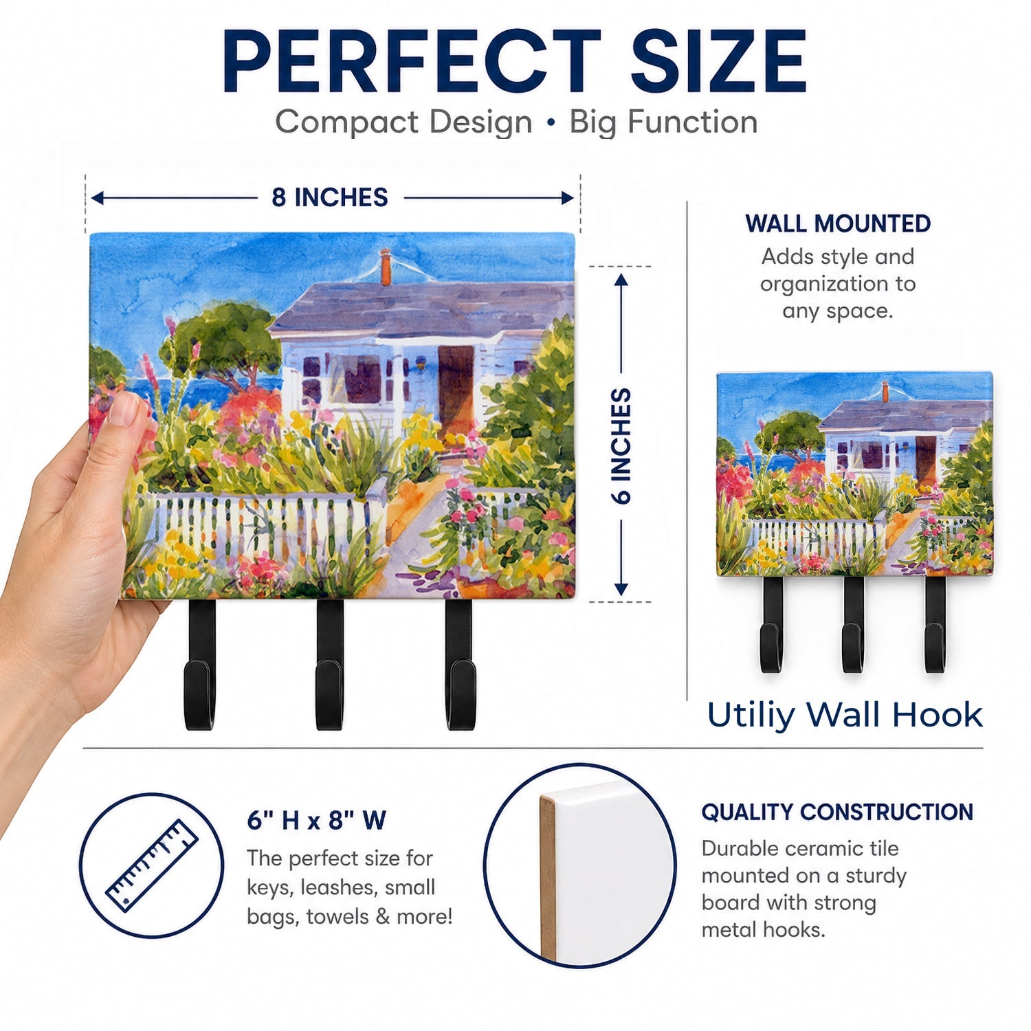 Seaside Beach Cottage Leash or Key Holder Wall Hooks, Coat Rack Wall Mount, for Hanging Keys, Towels, Aprons, Leashes