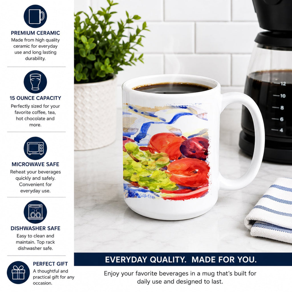 Apples, Plums and Grapes with Flowers Ceramic Coffee Mug 15 oz Decorative Large C Handle Mug Cup for Tea, Cocoa Hot Chocolate