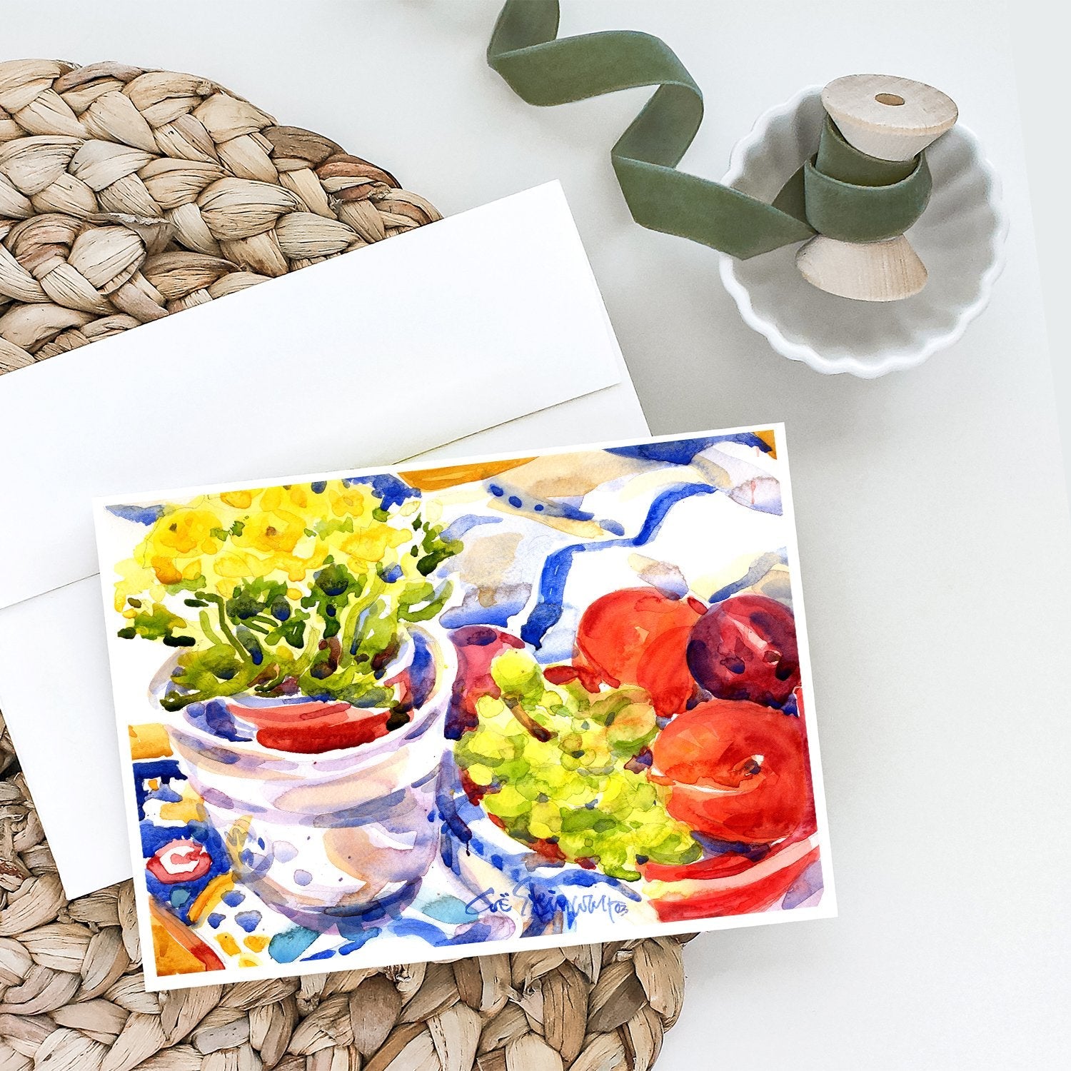 Apples, Plums and Grapes with Flowers Greeting Cards Pack of 8 Blank Cards with Envelopes Whimsical A7 Size 5x7