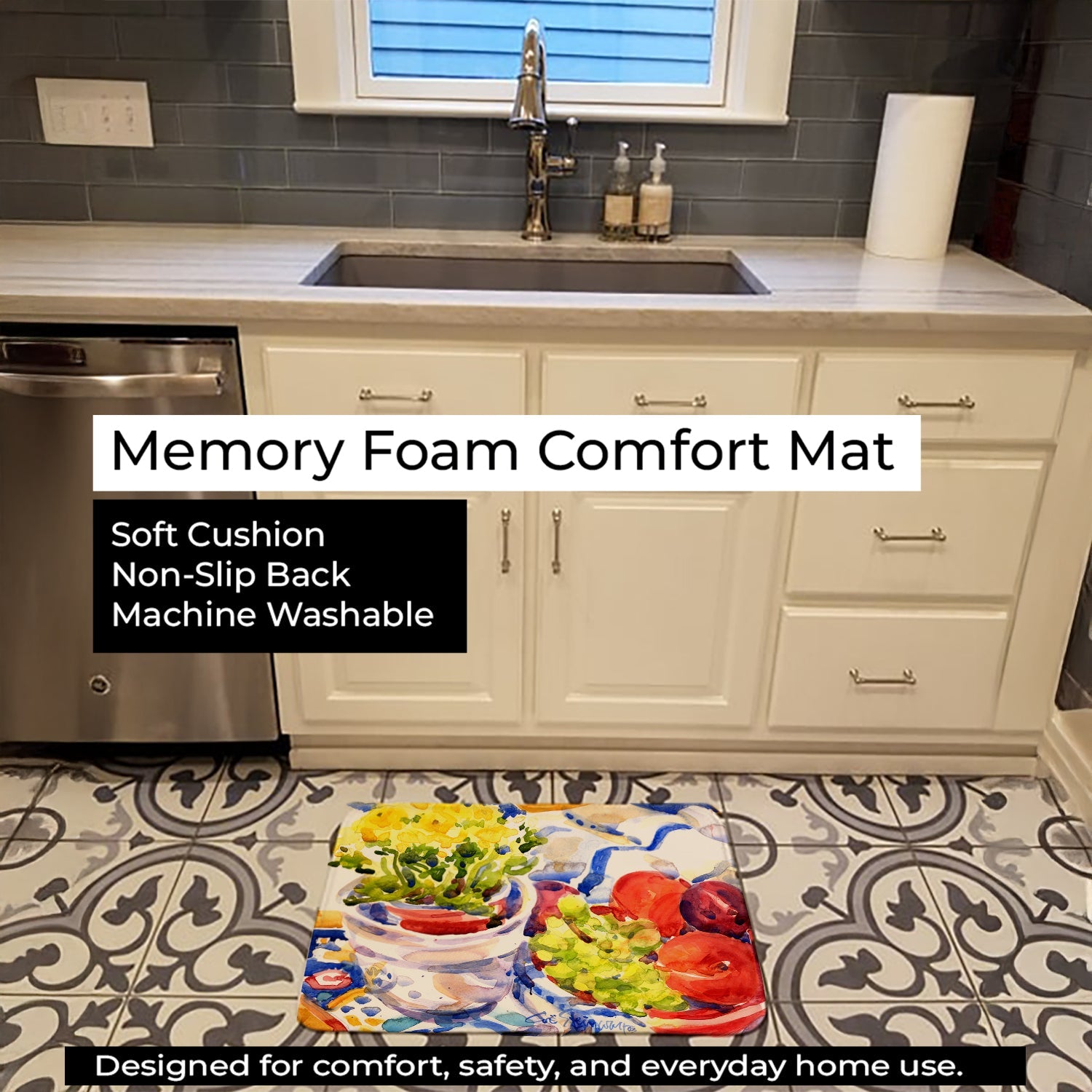 Apples, Plums and Grapes with Flowers Memory Foam Kitchen Mat Machine Washable Anti-Fatigue Cushion Comfort Bath or Kitchen Rug