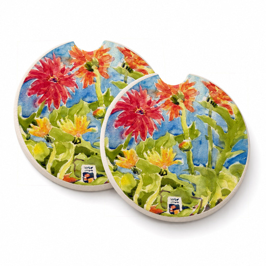 Flower - Gerber Daisies Set of 2 Cup Holder Car Coasters Absorbent Round Sandstone Coasters Gifts for Men or Women, 2.5, Multicolor