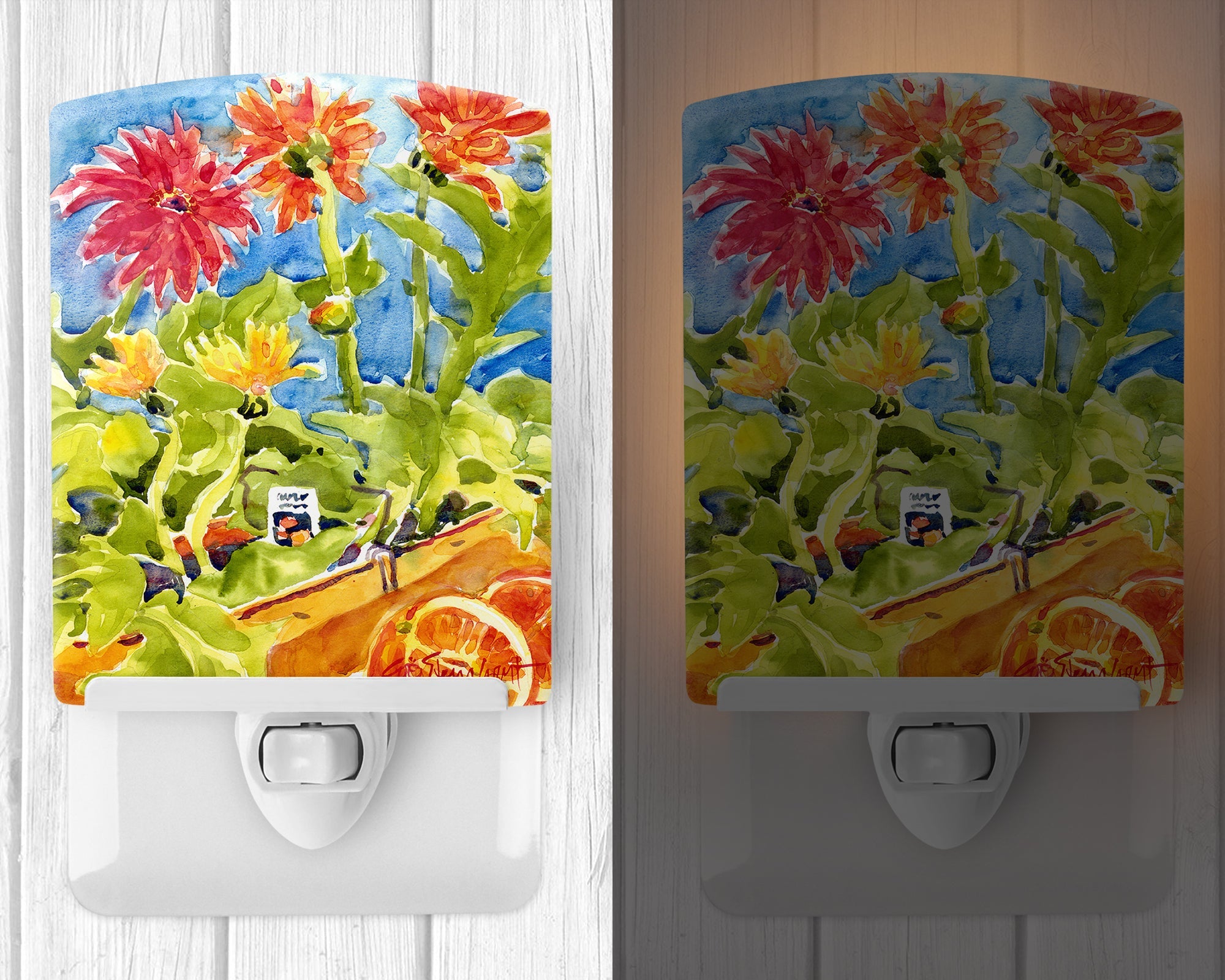 Flower - Gerber Daisies Ceramic Night Light Compact, UL-Certified, Ideal for Bedroom, Bathroom, Nursery, Hallway, Kitchen, 6x4x3, Multicolor
