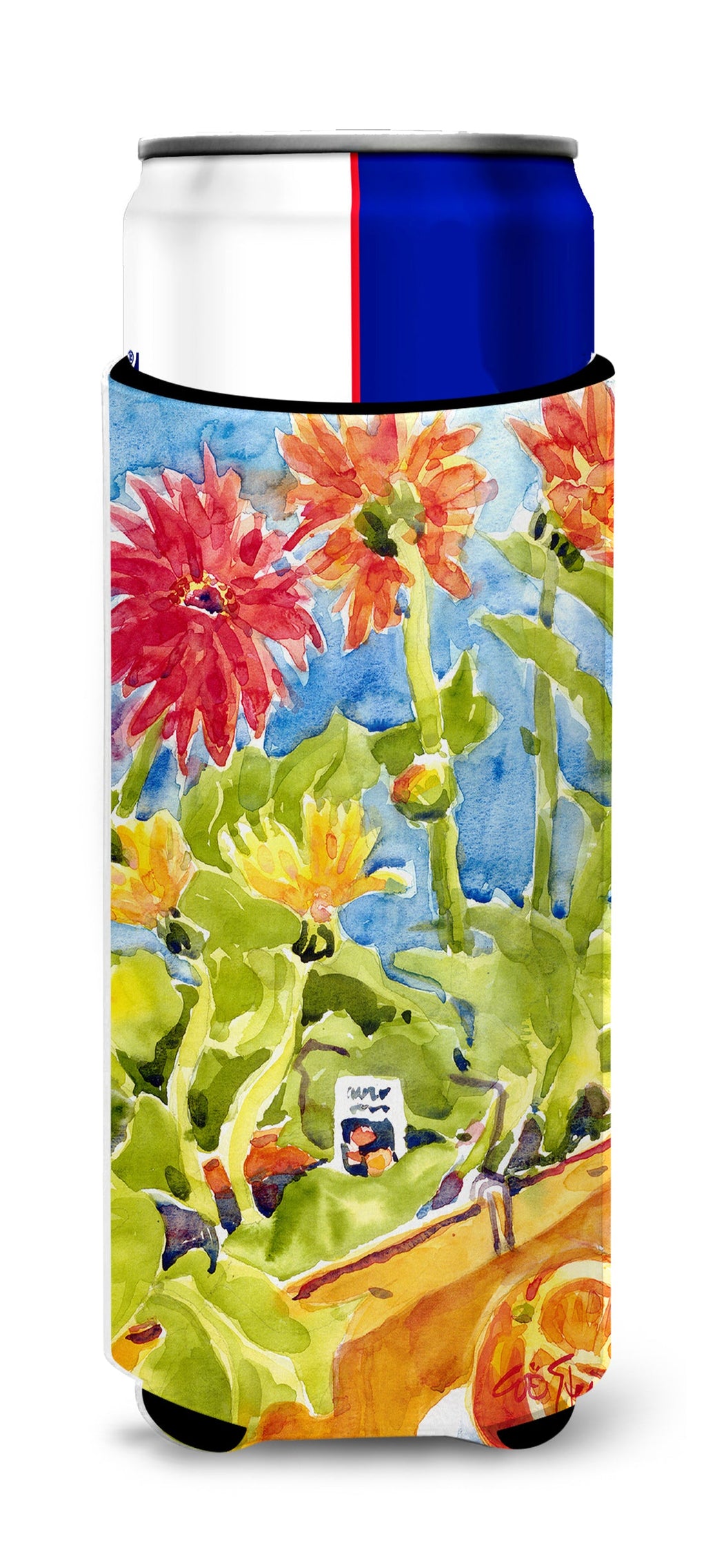 Flower - Gerber Daisies Slim Can Hugger , Insulated Foam Hugger for 12 oz Slim Cans, Beer Bottles & Water Bottles, Printed in USA
