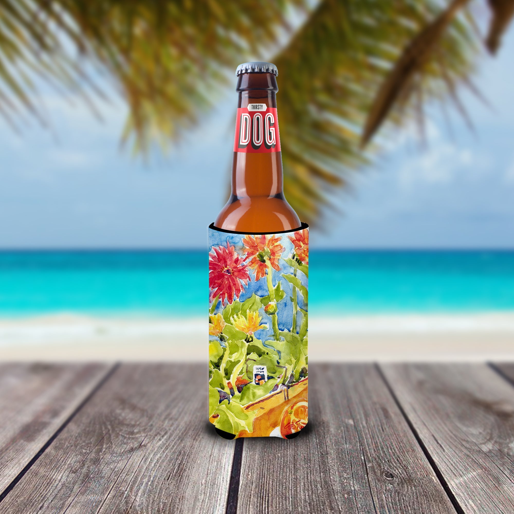 Flower - Gerber Daisies Slim Can Hugger , Insulated Foam Hugger for 12 oz Slim Cans, Beer Bottles & Water Bottles, Printed in USA