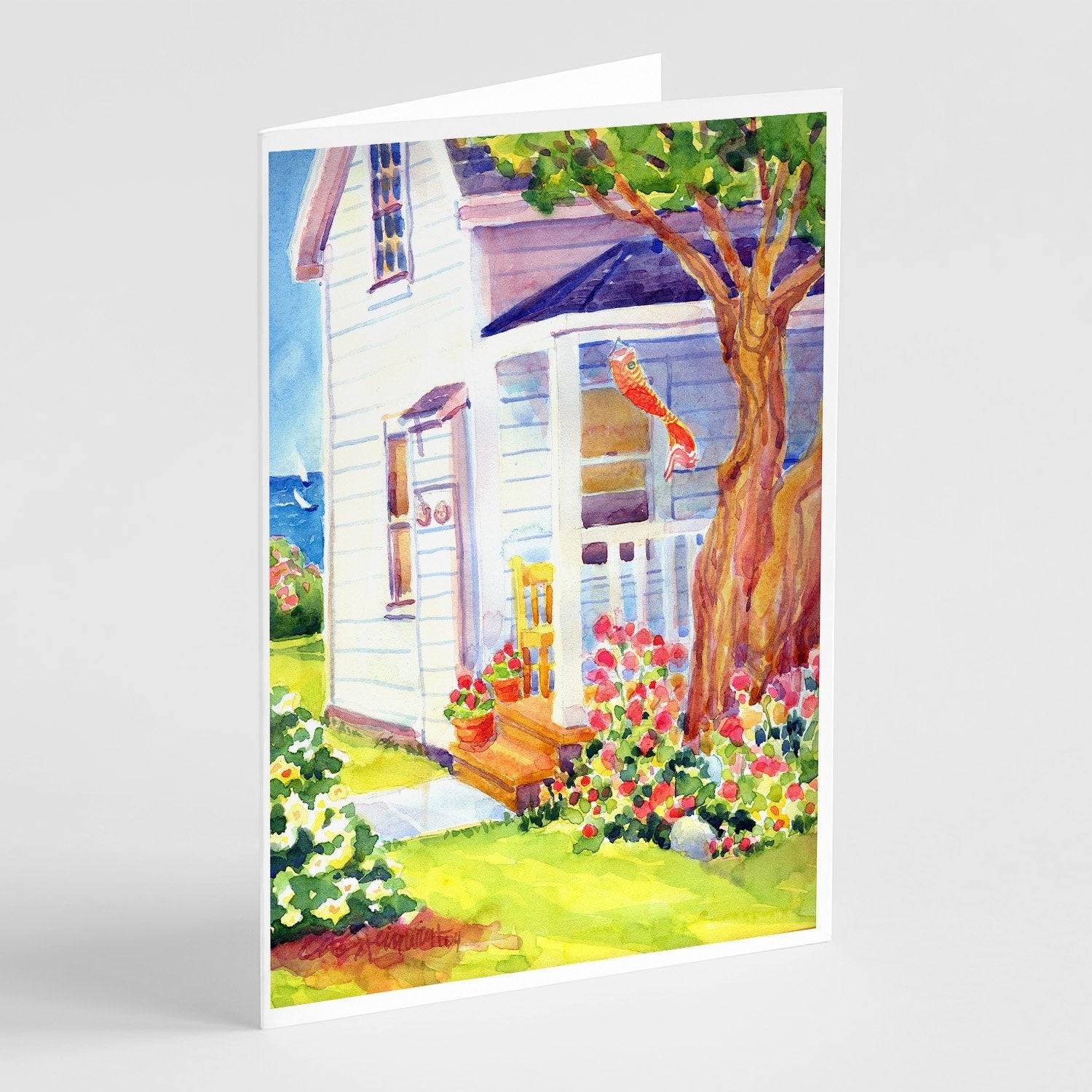 White Cottage at the beach Greeting Cards Pack of 8 Blank Cards with Envelopes Whimsical A7 Size 5x7