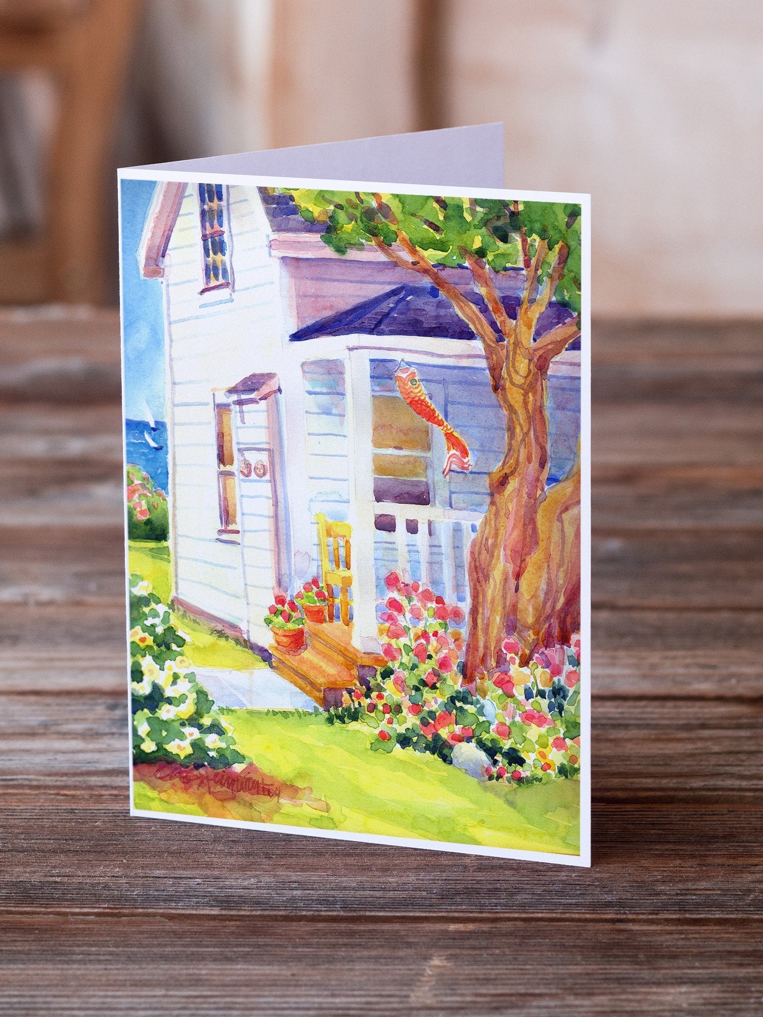 White Cottage at the beach Greeting Cards Pack of 8 Blank Cards with Envelopes Whimsical A7 Size 5x7