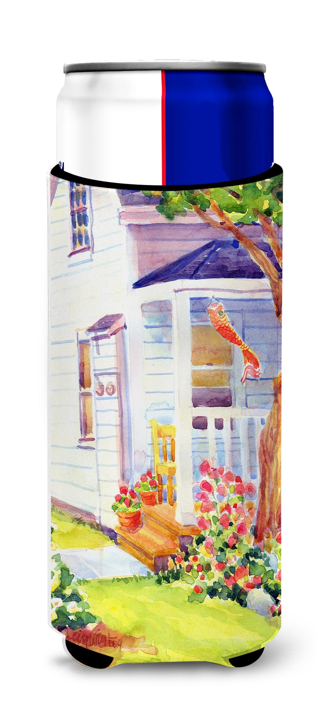 White Cottage at the beach Slim Can Hugger , Insulated Foam Hugger for 12 oz Slim Cans, Beer Bottles & Water Bottles, Printed in USA