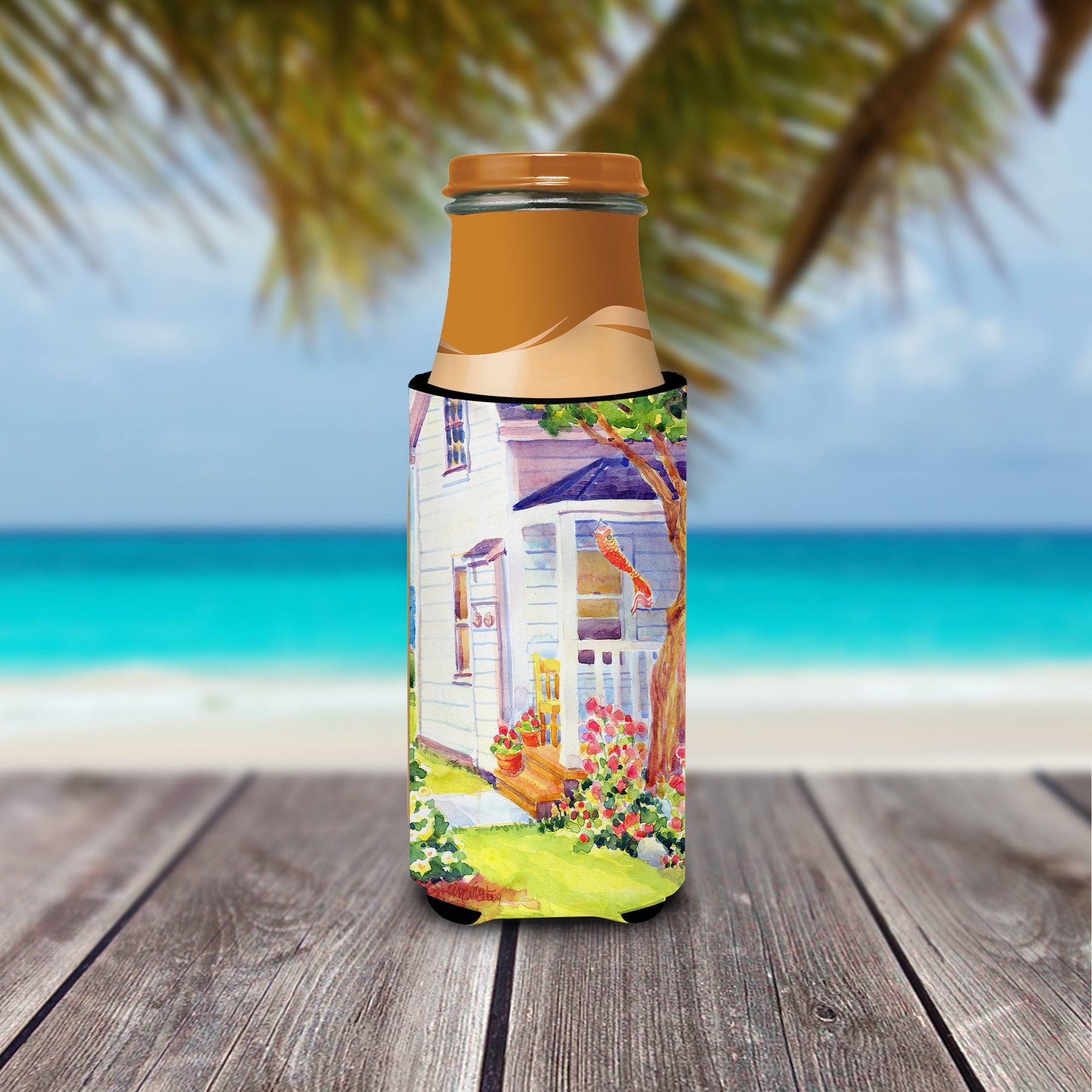 White Cottage at the beach Slim Can Hugger , Insulated Foam Hugger for 12 oz Slim Cans, Beer Bottles & Water Bottles, Printed in USA