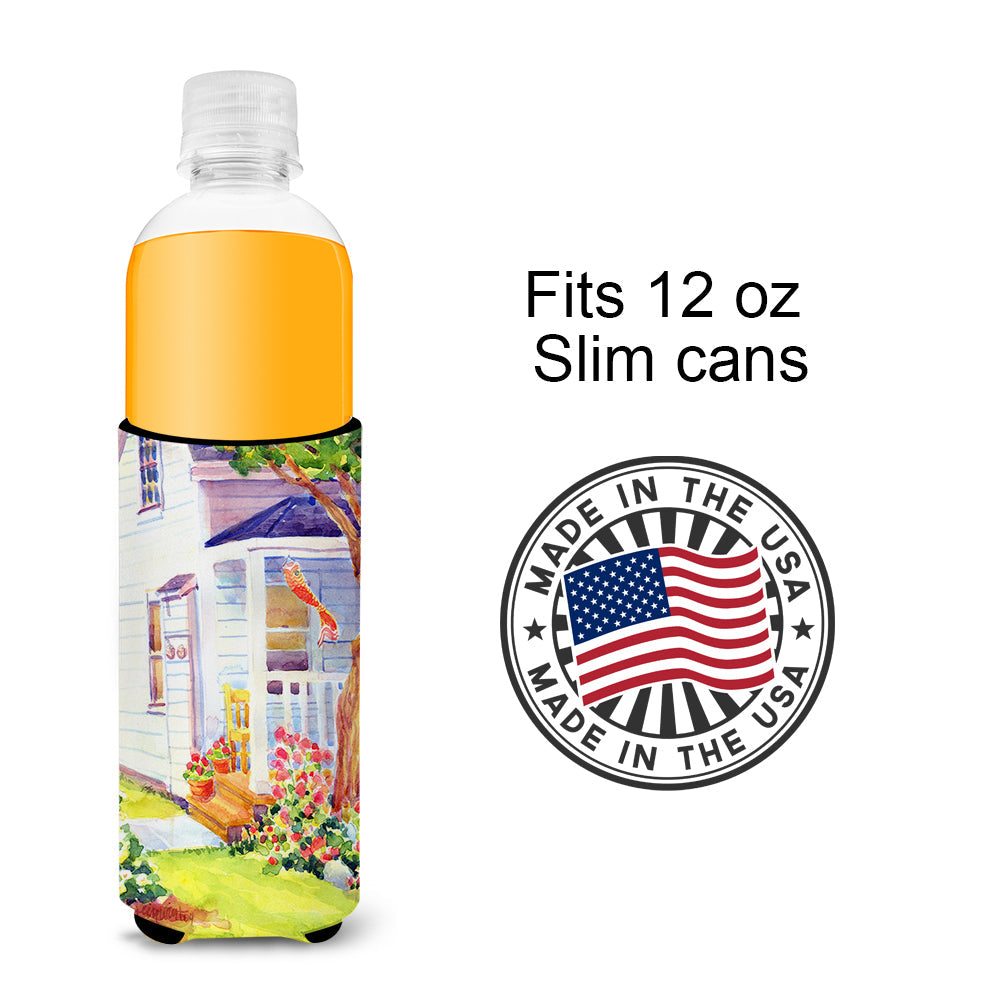 White Cottage at the beach Slim Can Hugger , Insulated Foam Hugger for 12 oz Slim Cans, Beer Bottles & Water Bottles, Printed in USA