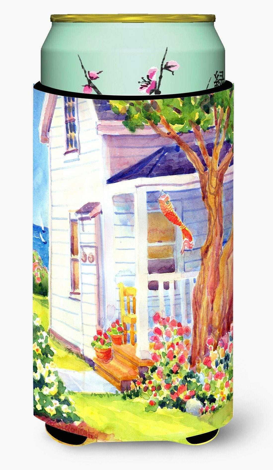 White Cottage at the beach Tall Boy Hugger Can Cooler Sleeve Machine Washable Drink Collapsible Insulator Beverage Insulated Holder