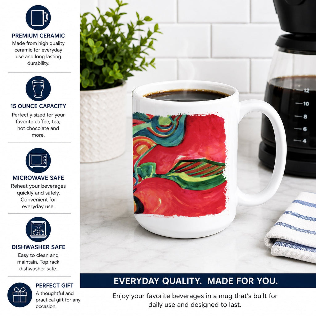 Red Flowers and berries Ceramic Coffee Mug 15 oz Decorative Large C Handle Mug Cup for Tea, Cocoa Hot Chocolate