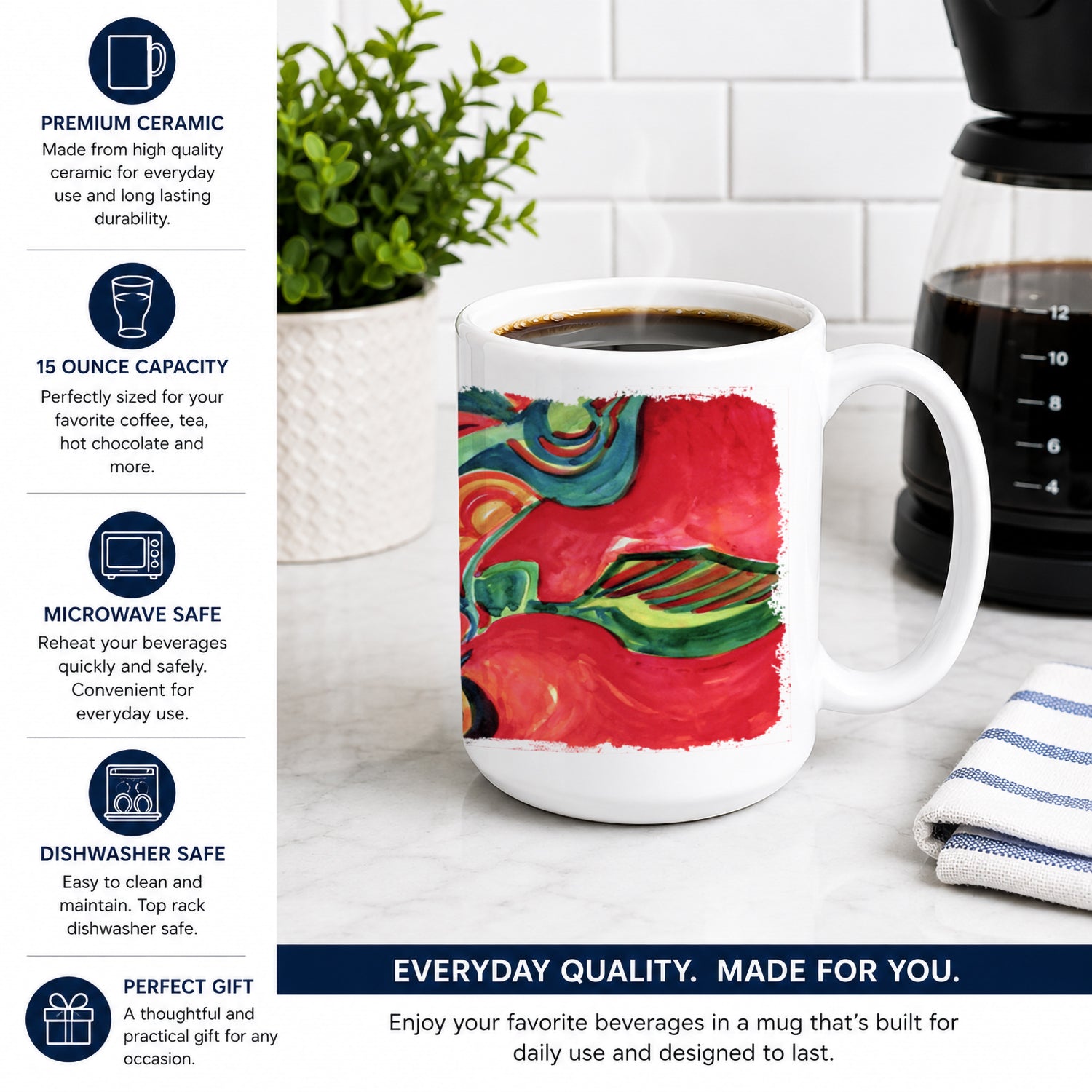 Red Flowers and berries Ceramic Coffee Mug 15 oz Decorative Large C Handle Mug Cup for Tea, Cocoa Hot Chocolate