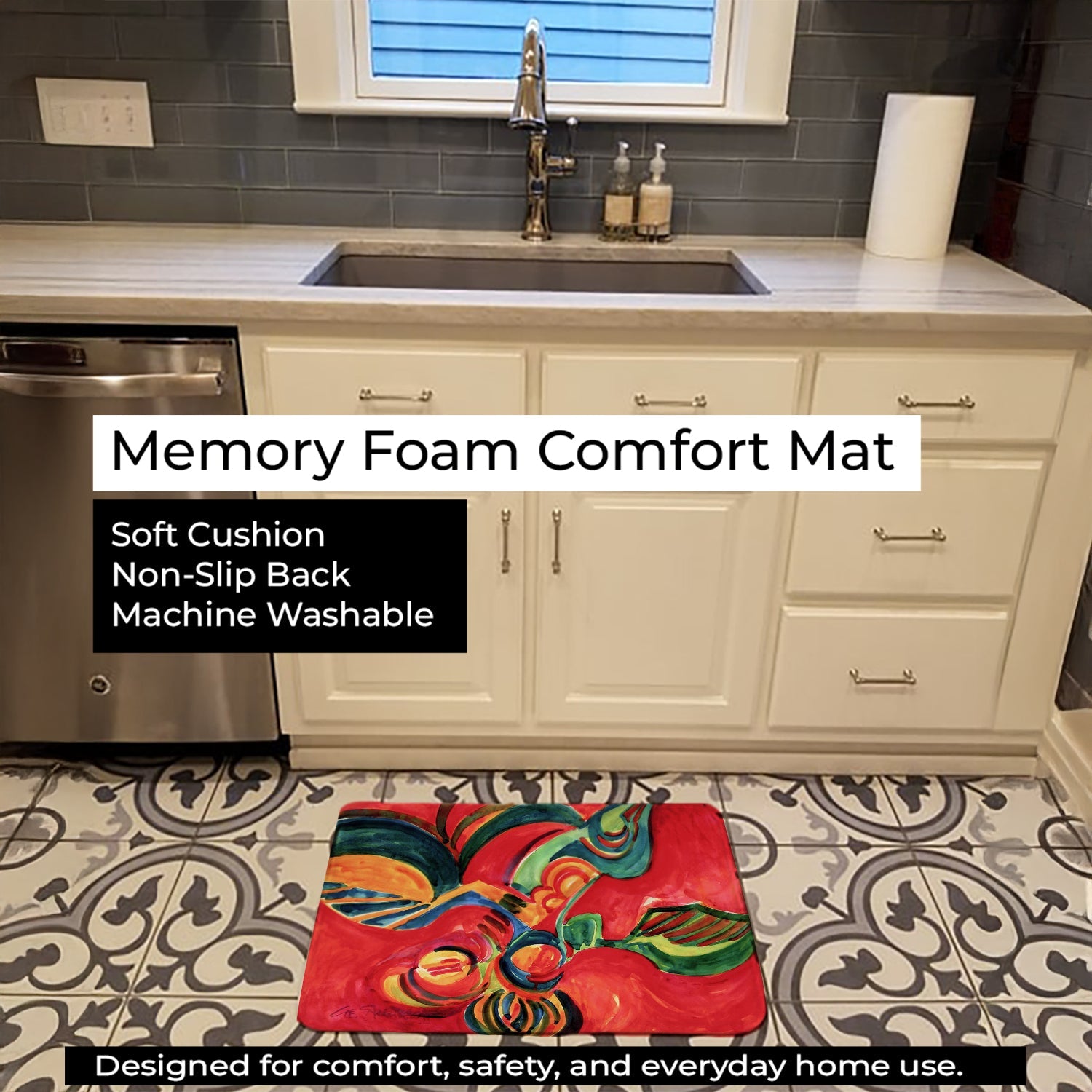 Red Flowers and berries Memory Foam Kitchen Mat Machine Washable Anti-Fatigue Cushion Comfort Bath or Kitchen Rug
