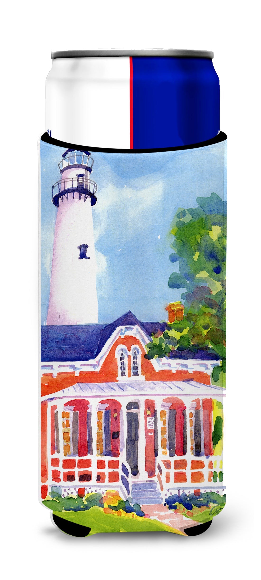 Lighthouse Slim Can Hugger , Insulated Foam Hugger for 12 oz Slim Cans, Beer Bottles & Water Bottles, Printed in USA