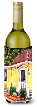 Yellow Cottage at the Beach Wine Bottle Hugger Gift Sleeve for Standard 750 ml Bottles, Insulated Reusable Also Fits Mini Shot & Pint Bottles