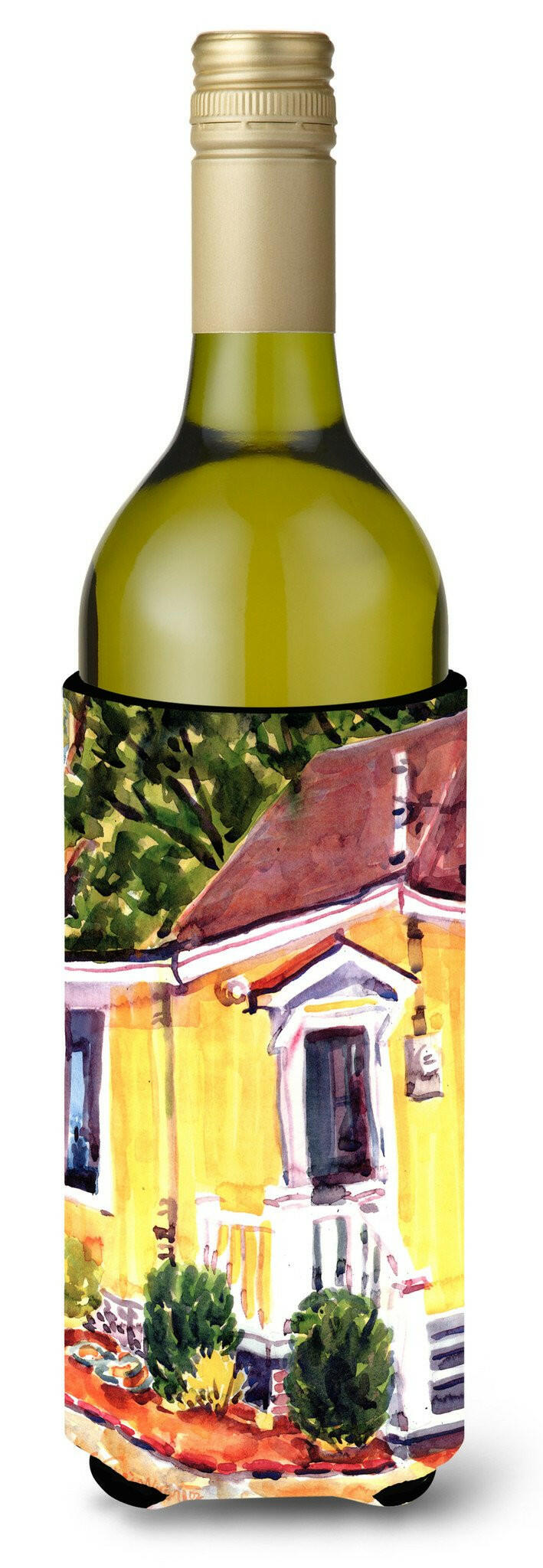 Yellow Cottage at the Beach Wine Bottle Hugger Gift Sleeve for Standard 750 ml Bottles, Insulated Reusable Also Fits Mini Shot & Pint Bottles