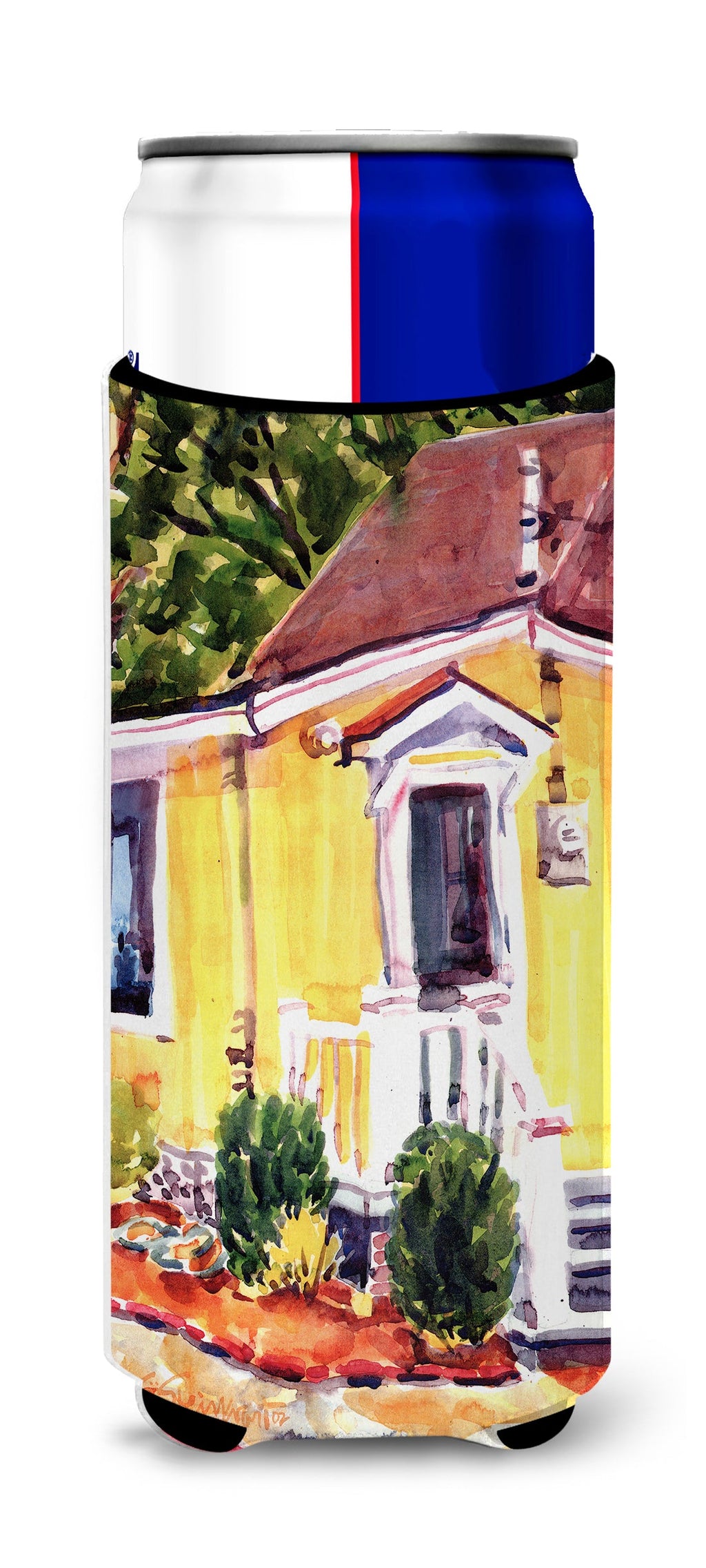 Yellow Cottage at the Beach Slim Can Hugger , Insulated Foam Hugger for 12 oz Slim Cans, Beer Bottles & Water Bottles, Printed in USA