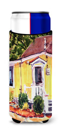 Yellow Cottage at the Beach Slim Can Hugger , Insulated Foam Hugger for 12 oz Slim Cans, Beer Bottles & Water Bottles, Printed in USA