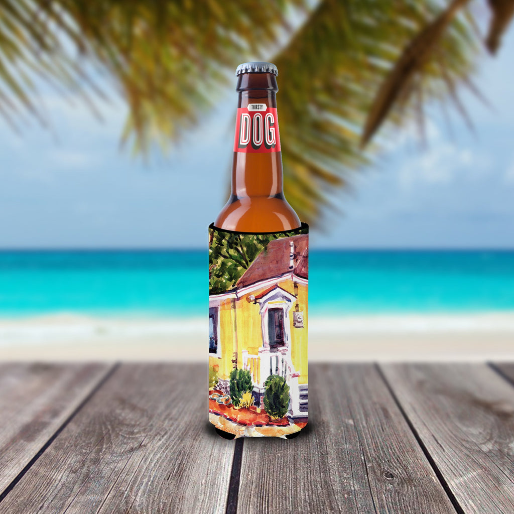 Yellow Cottage at the Beach Slim Can Hugger , Insulated Foam Hugger for 12 oz Slim Cans, Beer Bottles & Water Bottles, Printed in USA