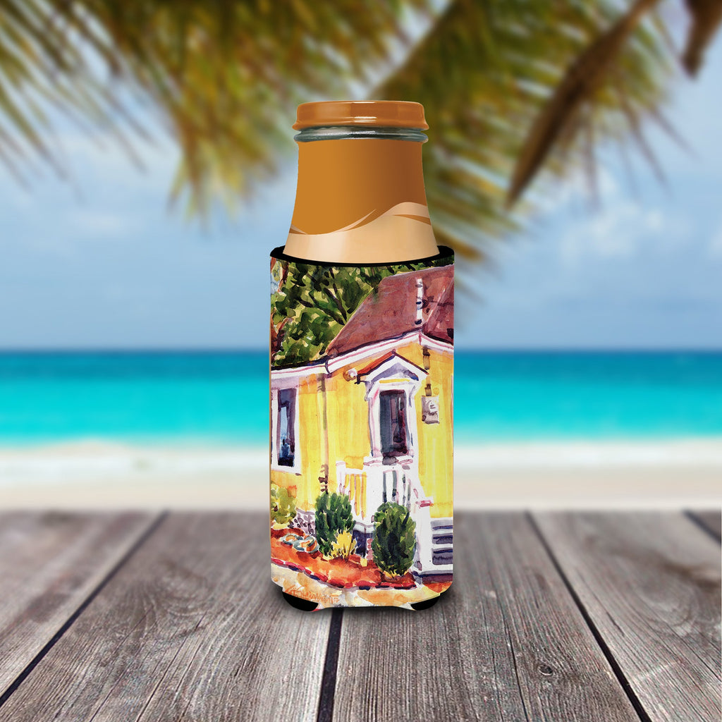 Yellow Cottage at the Beach Slim Can Hugger , Insulated Foam Hugger for 12 oz Slim Cans, Beer Bottles & Water Bottles, Printed in USA
