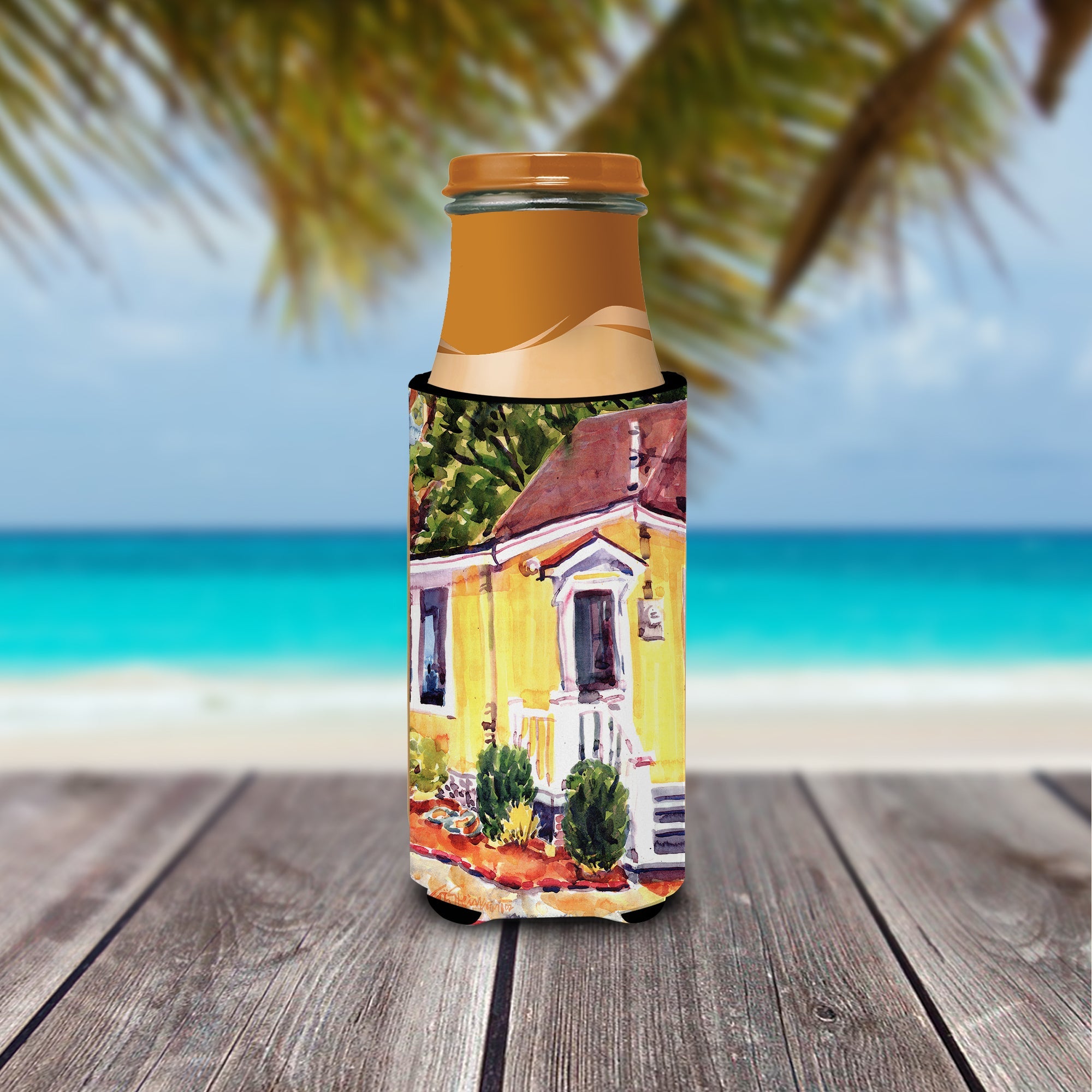Yellow Cottage at the Beach Slim Can Hugger , Insulated Foam Hugger for 12 oz Slim Cans, Beer Bottles & Water Bottles, Printed in USA
