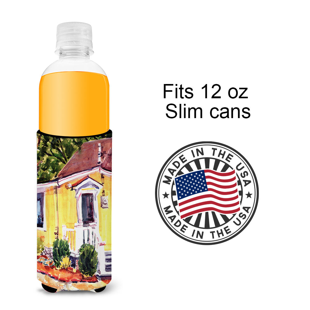 Yellow Cottage at the Beach Slim Can Hugger , Insulated Foam Hugger for 12 oz Slim Cans, Beer Bottles & Water Bottles, Printed in USA