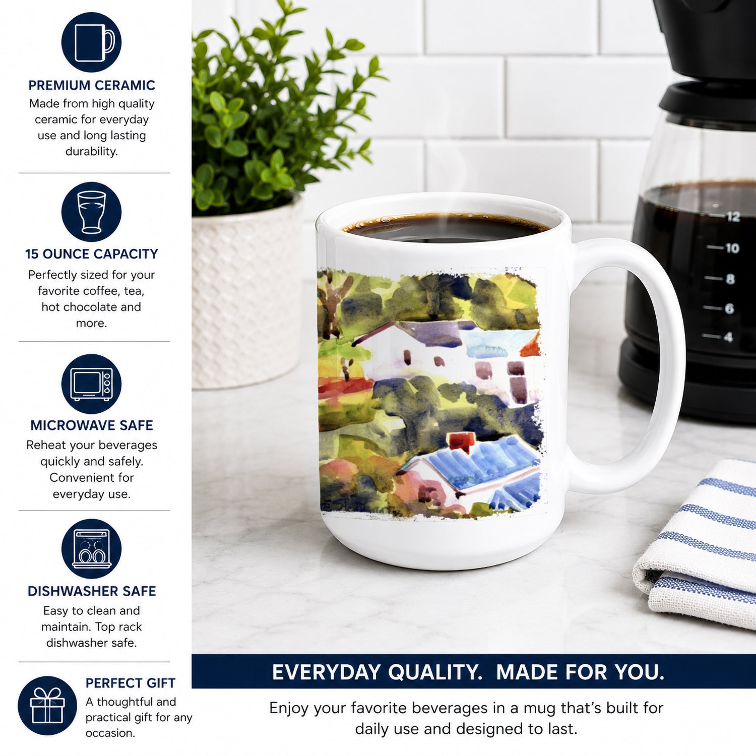 Houses Ceramic Coffee Mug 15 oz Decorative Large C Handle Mug Cup for Tea, Cocoa Hot Chocolate