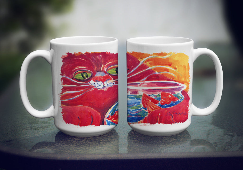 Big Red Cat at the fishbowl Ceramic Coffee Mug 15 oz Decorative Large C Handle Mug Cup for Tea, Cocoa Hot Chocolate