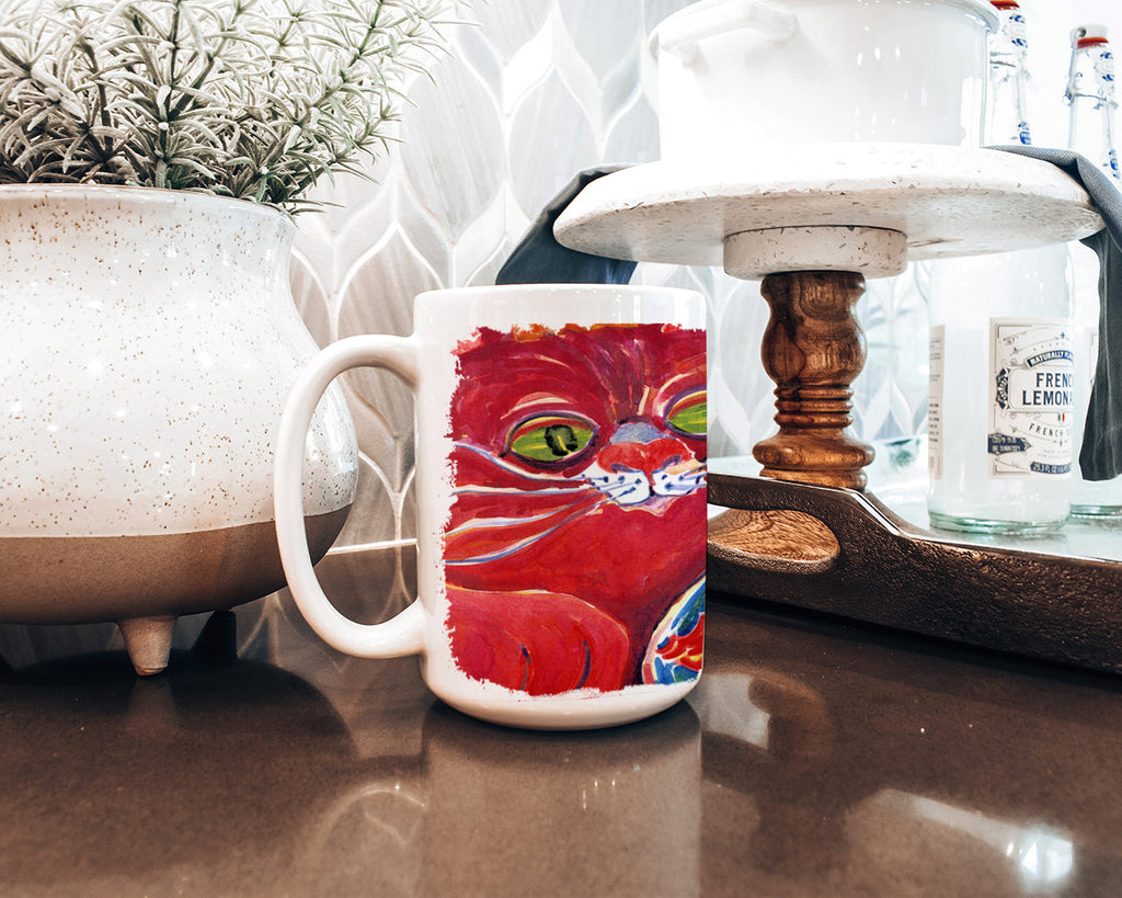 Big Red Cat at the fishbowl Ceramic Coffee Mug 15 oz Decorative Large C Handle Mug Cup for Tea, Cocoa Hot Chocolate