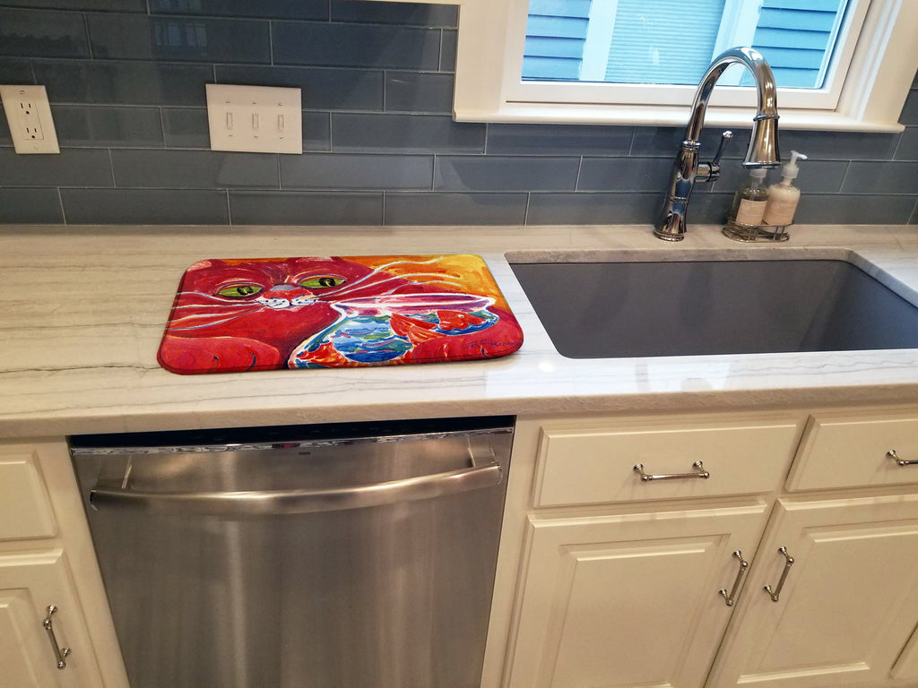 Big Red Cat at the fishbowl Dish Drying Mat Absorbent Dish Drying Mat Pad for Kitchen Counter Dish Drainer Mat for Countertop, 14 x 21", Multicolor