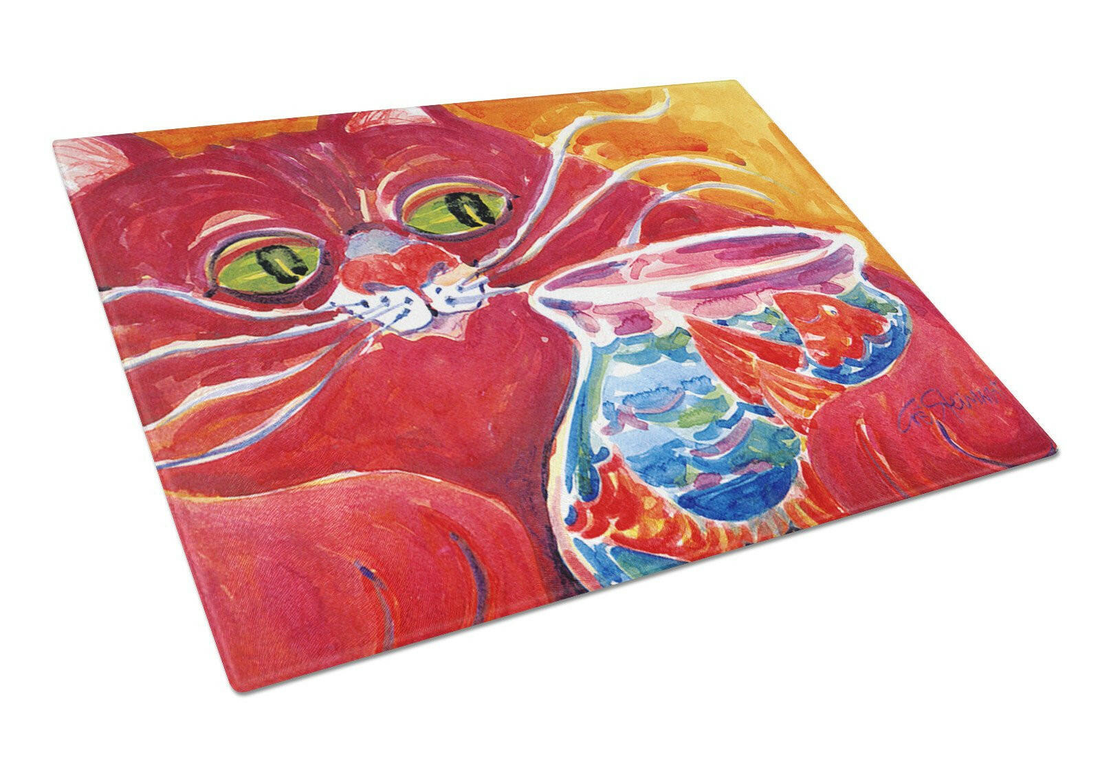 Big Red Cat at the fishbowl Cutting Board Tempered Glass Kitchen Cutting Surface, Heat Resistant Chopping, Non-Slip Feet, Food Prep & Serving