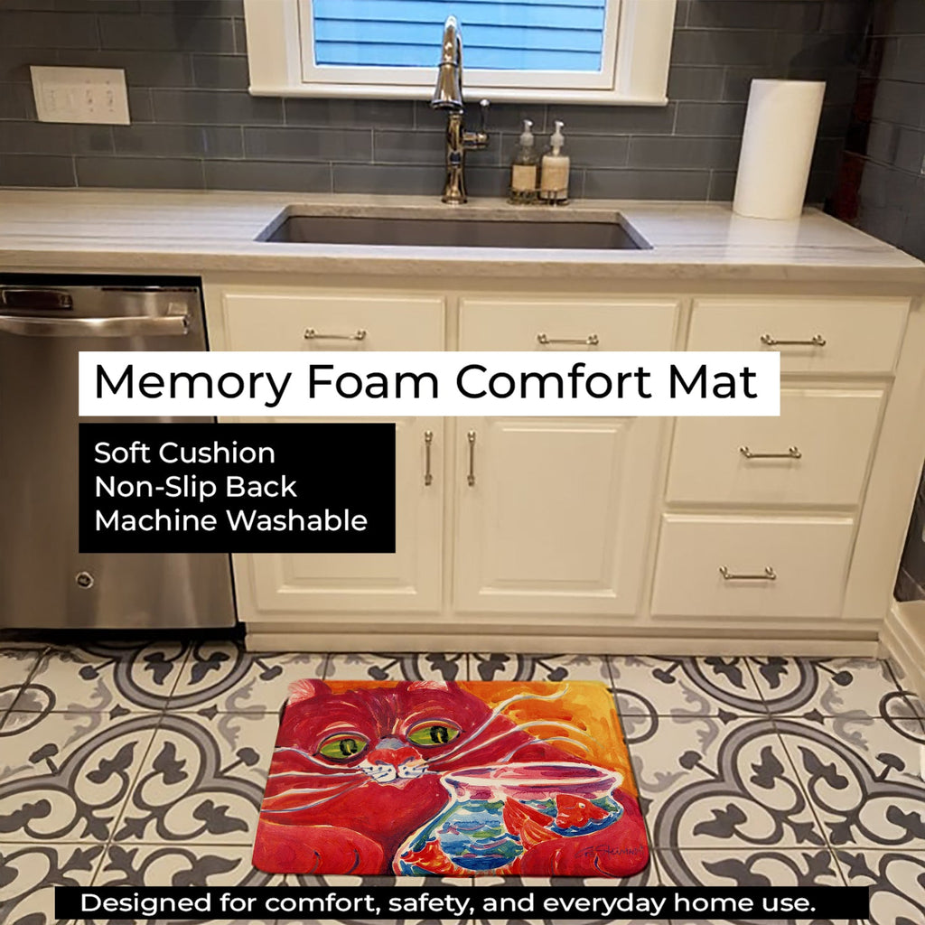 Big Red Cat at the fishbowl Memory Foam Kitchen Mat Machine Washable Anti-Fatigue Cushion Comfort Bath or Kitchen Rug