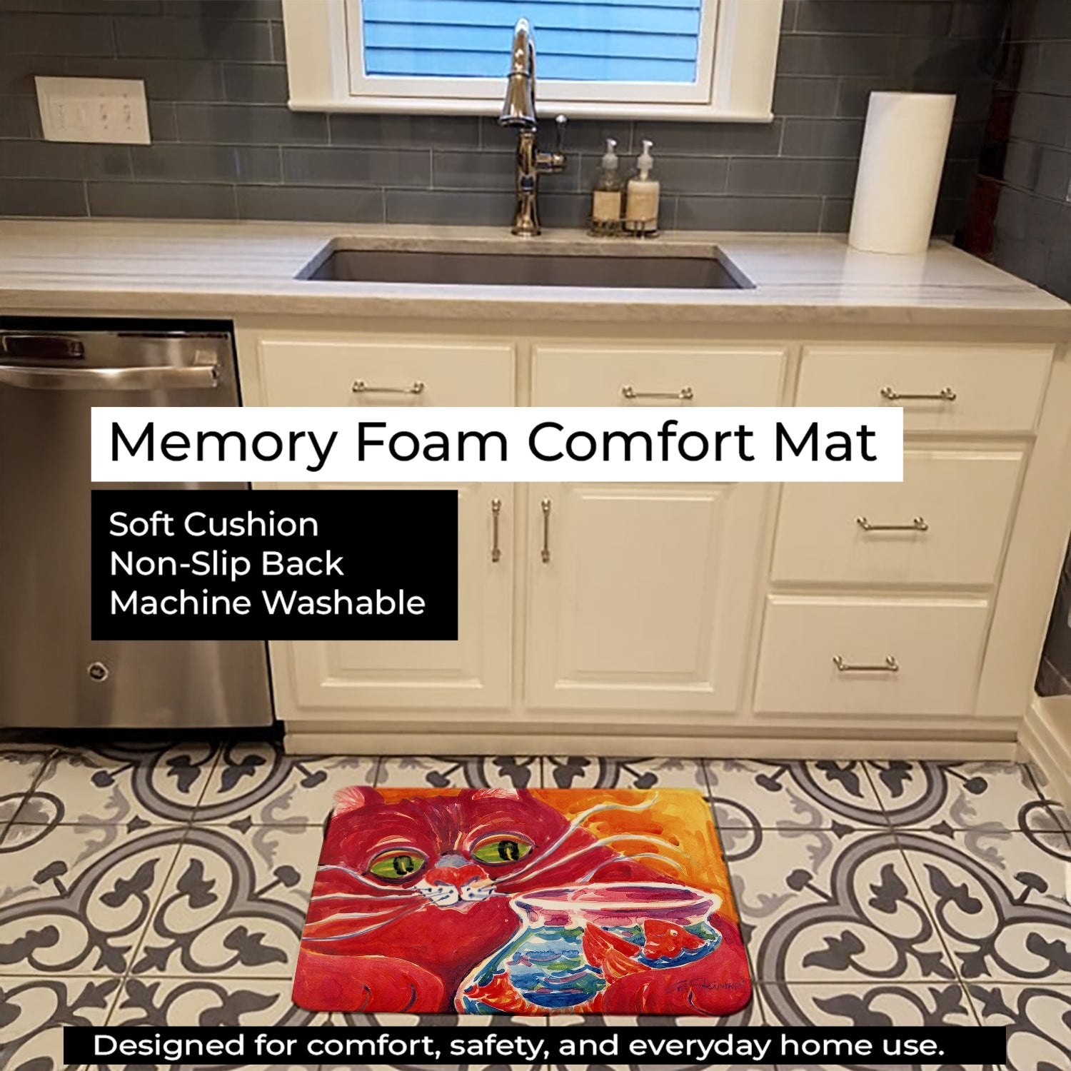 Big Red Cat at the fishbowl Memory Foam Kitchen Mat Machine Washable Anti-Fatigue Cushion Comfort Bath or Kitchen Rug