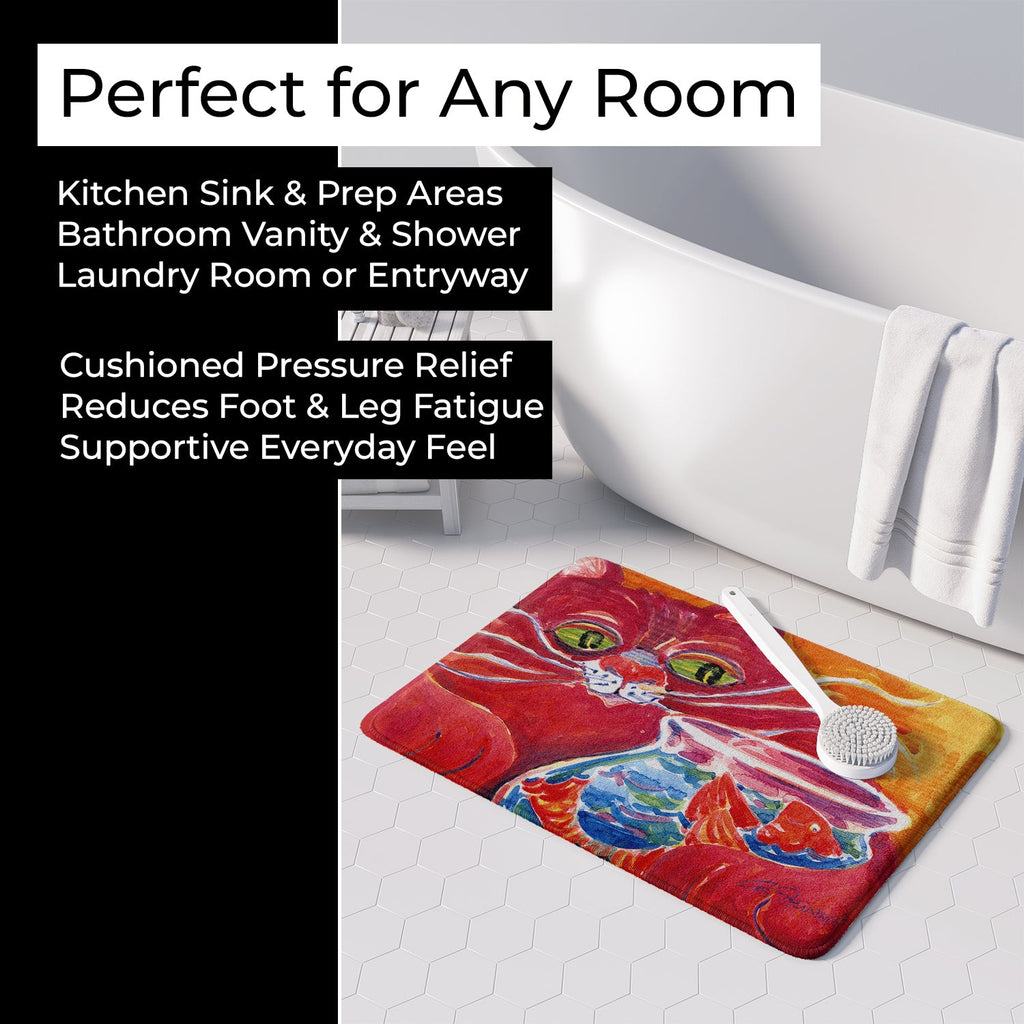 Big Red Cat at the fishbowl Memory Foam Kitchen Mat Machine Washable Anti-Fatigue Cushion Comfort Bath or Kitchen Rug