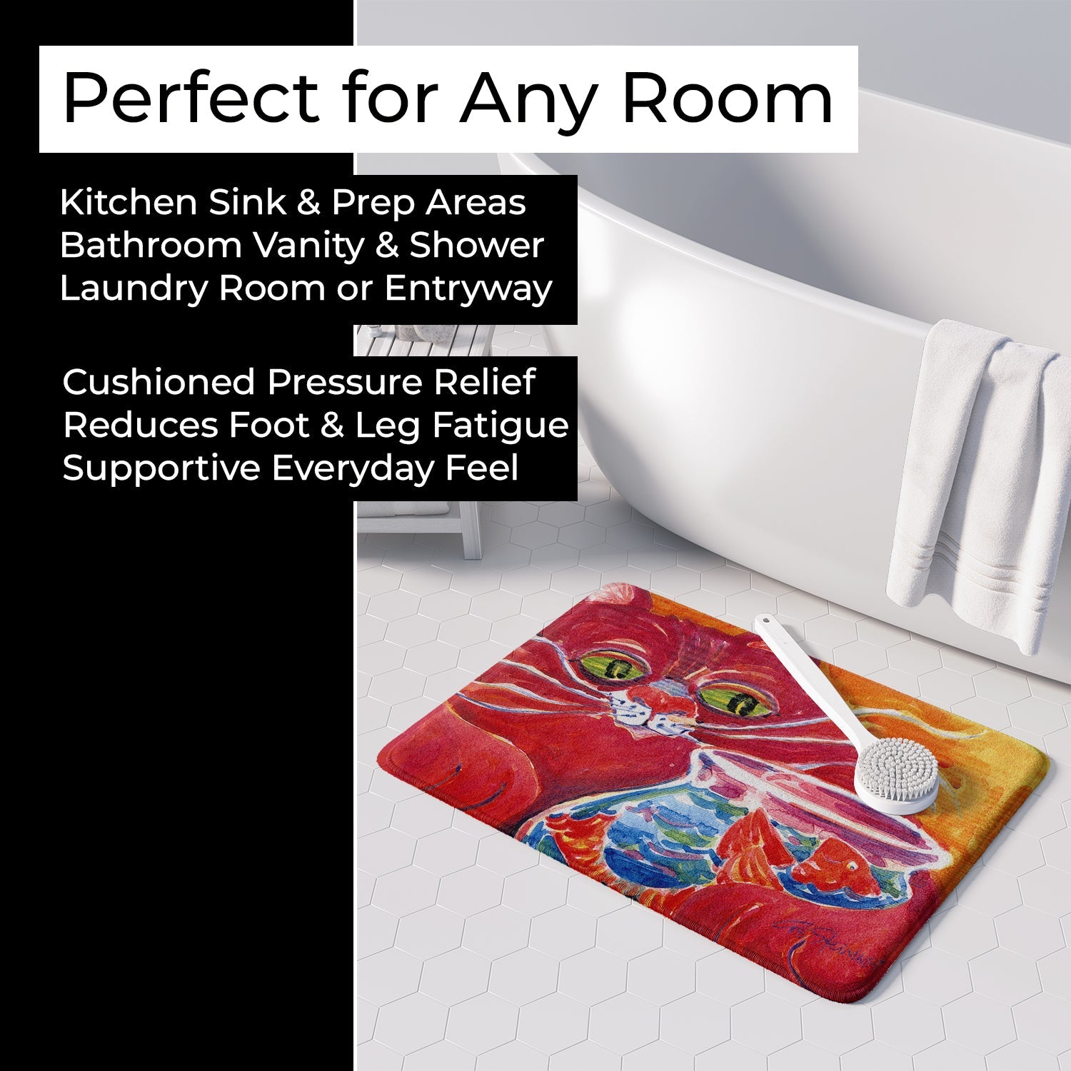 Big Red Cat at the fishbowl Memory Foam Kitchen Mat Machine Washable Anti-Fatigue Cushion Comfort Bath or Kitchen Rug