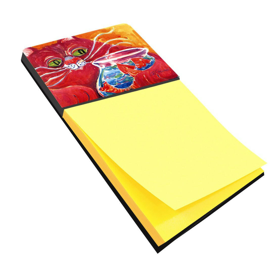 Big Red Cat at the fishbowl Watercolor Sticky Note Holder Refillable Dispenser Desk Accessory 3x3 Pad Gift