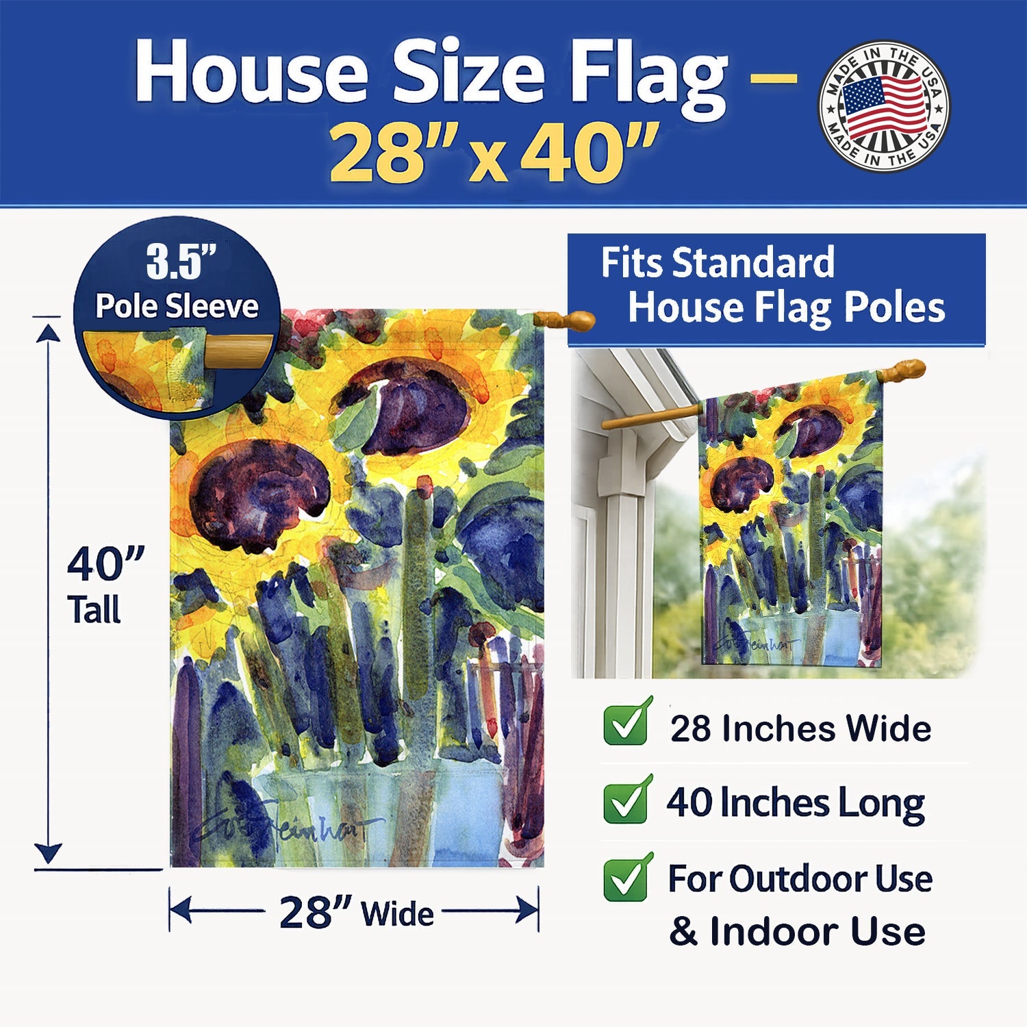 Flower - Sunflower House Flag 28x40 Porch Sleeve Pole Decorative Outside Yard Banner Artwork Wall Hanging, Polyester