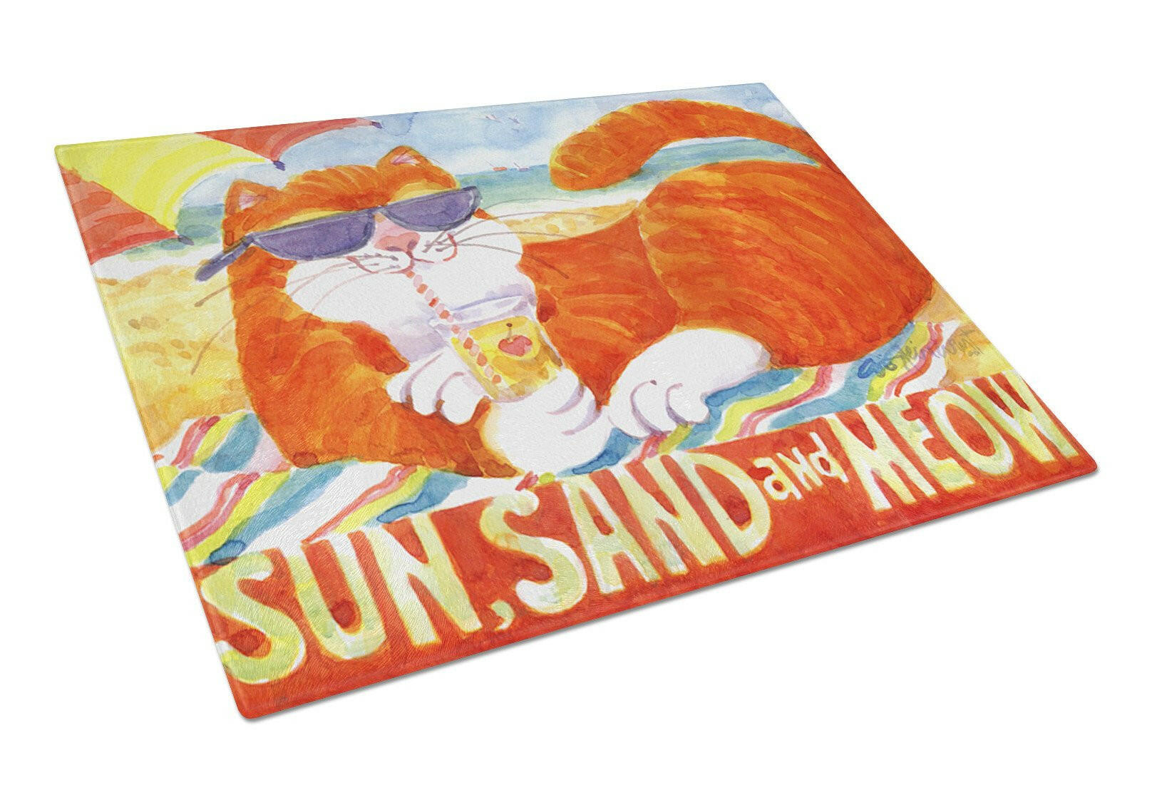 Orange Tabby at the beach Cutting Board Tempered Glass Kitchen Cutting Surface, Heat Resistant Chopping, Non-Slip Feet, Food Prep & Serving