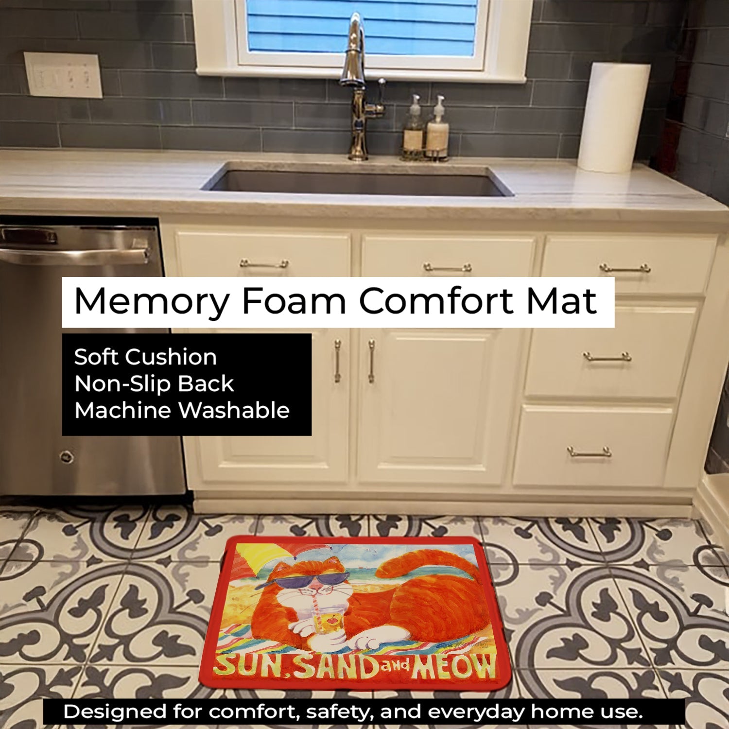 Orange Tabby at the beach Memory Foam Kitchen Mat Machine Washable Anti-Fatigue Cushion Comfort Bath or Kitchen Rug